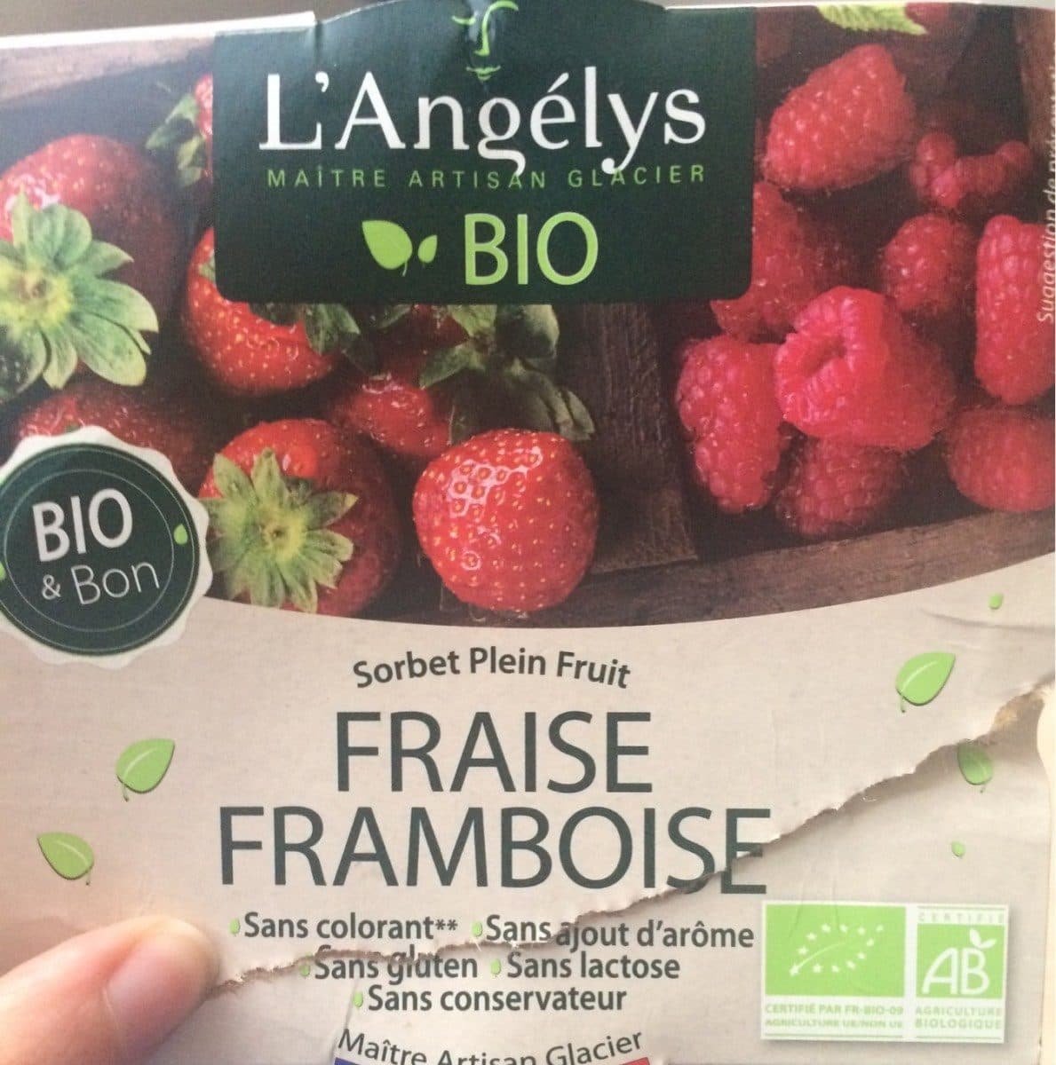 L'Angélys Sorbet Plein Fruit Fraise Framboise bio packshot