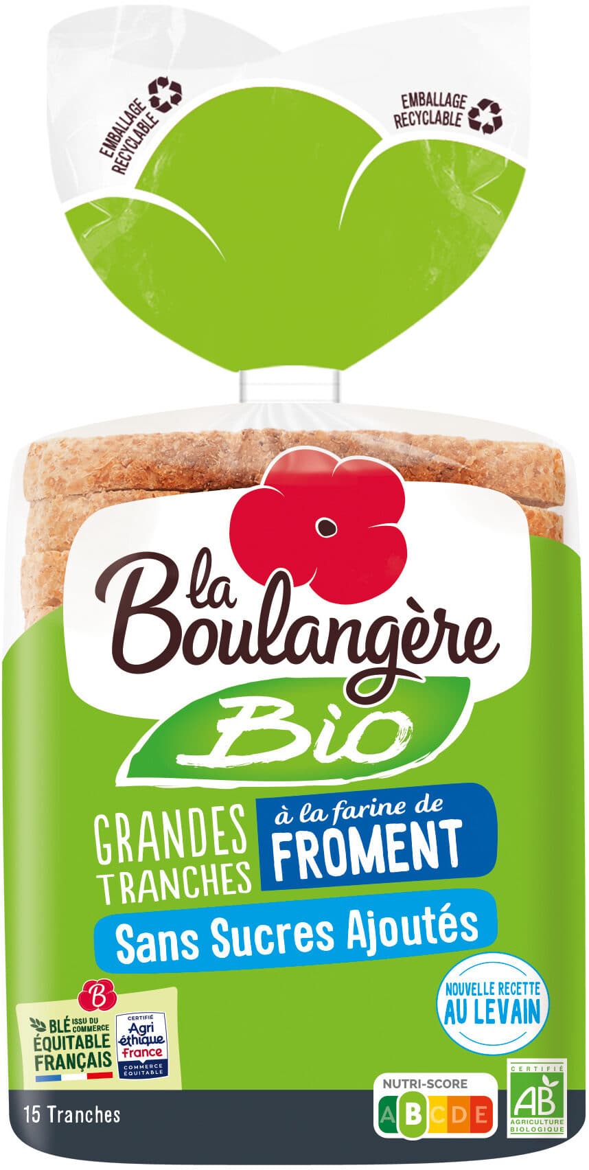 La Boulangère Pain de mie Bio grandes tranches à la farine de froment sans sucres ajoutés 500g packshot