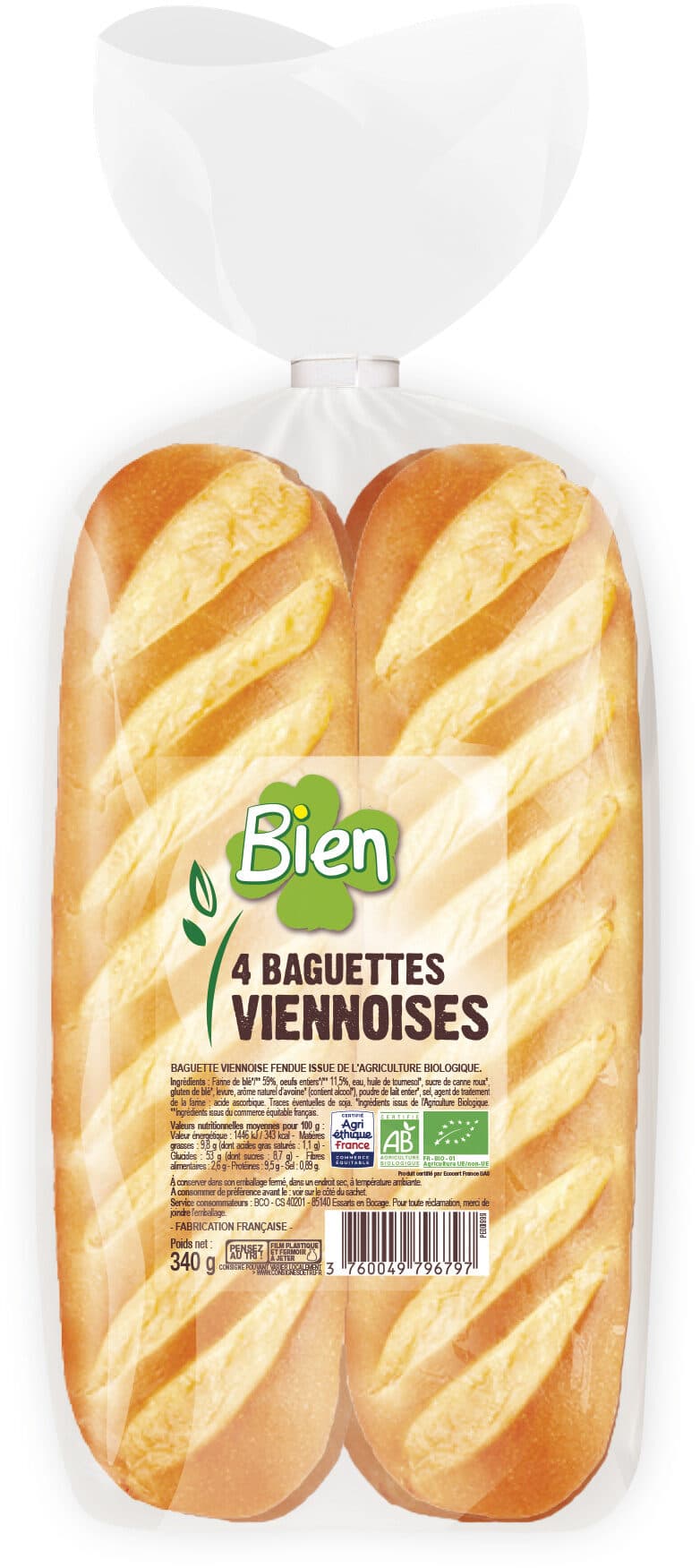 Bien Bag viennoise bio* nature x4 340g packshot