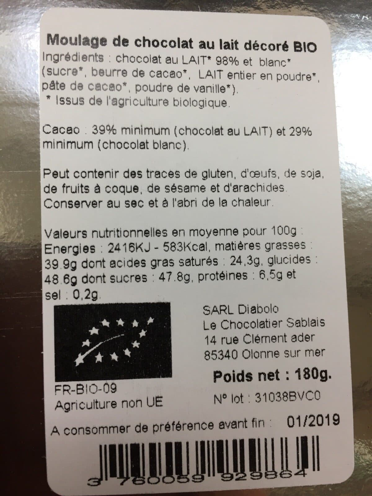 Le Chocolatier Sablais Moulage chocolat au lait décoré packshot