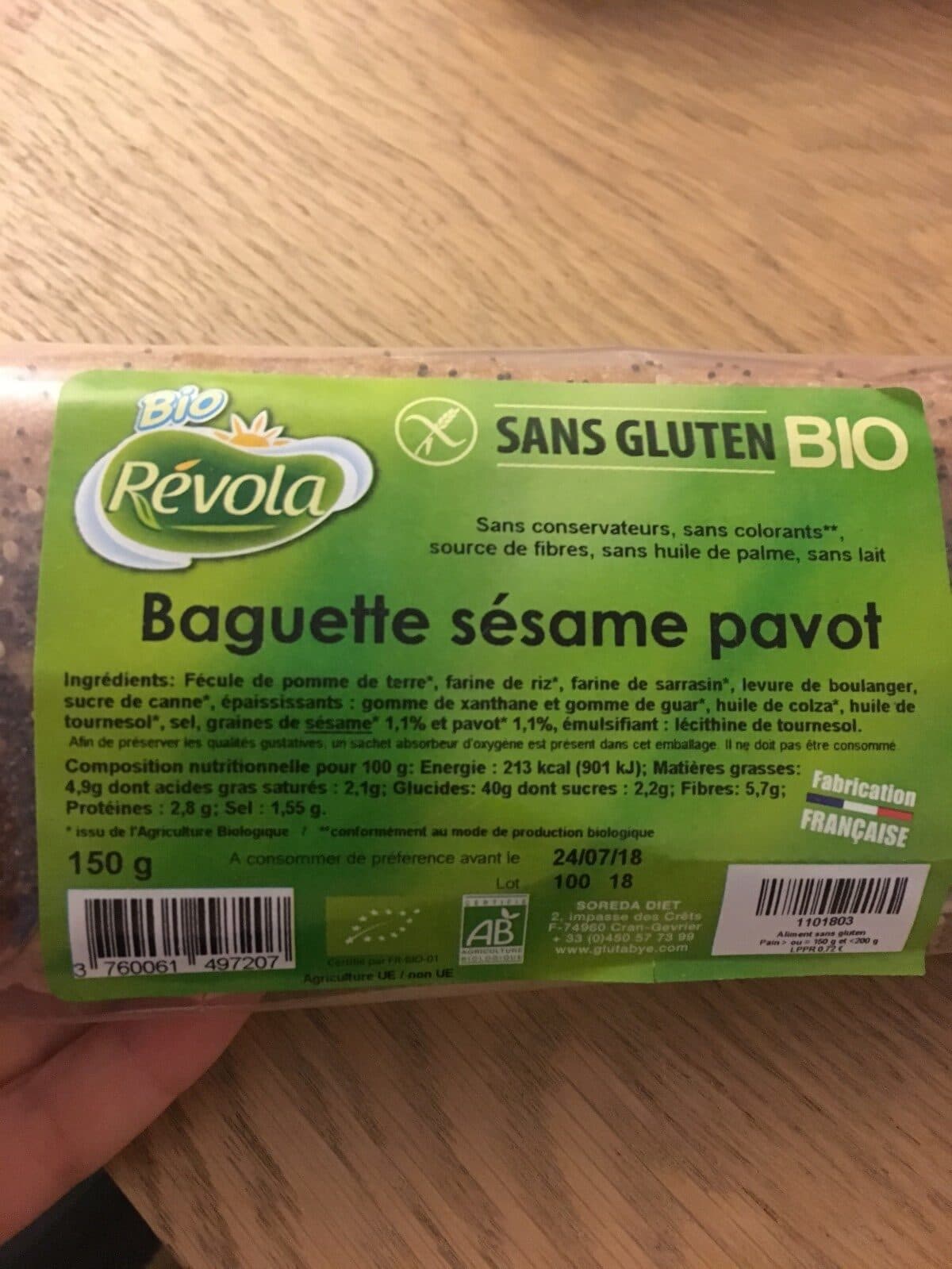 Glutabye Baguette sésame Pavot Sans gluten Bio packshot