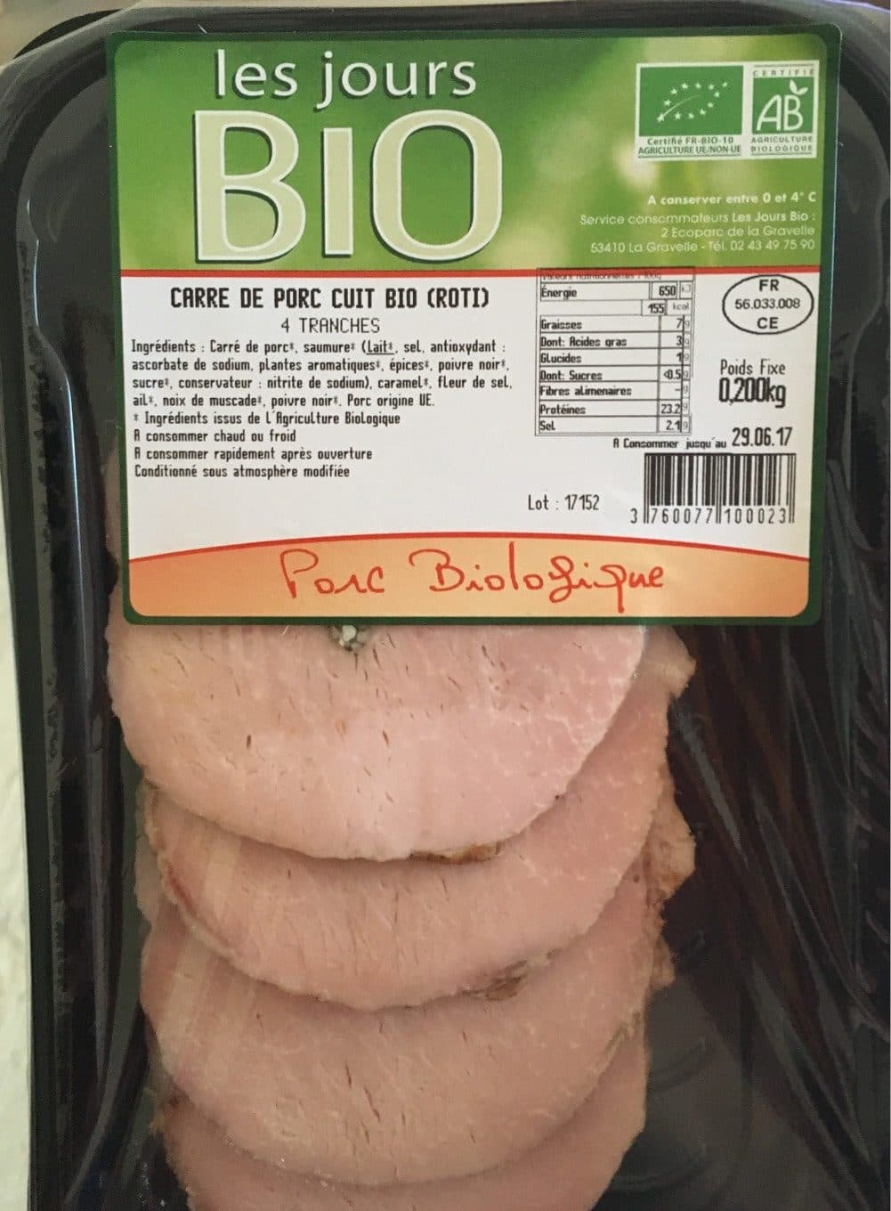 Les Jours Bio Carré de porc cuit bio packshot
