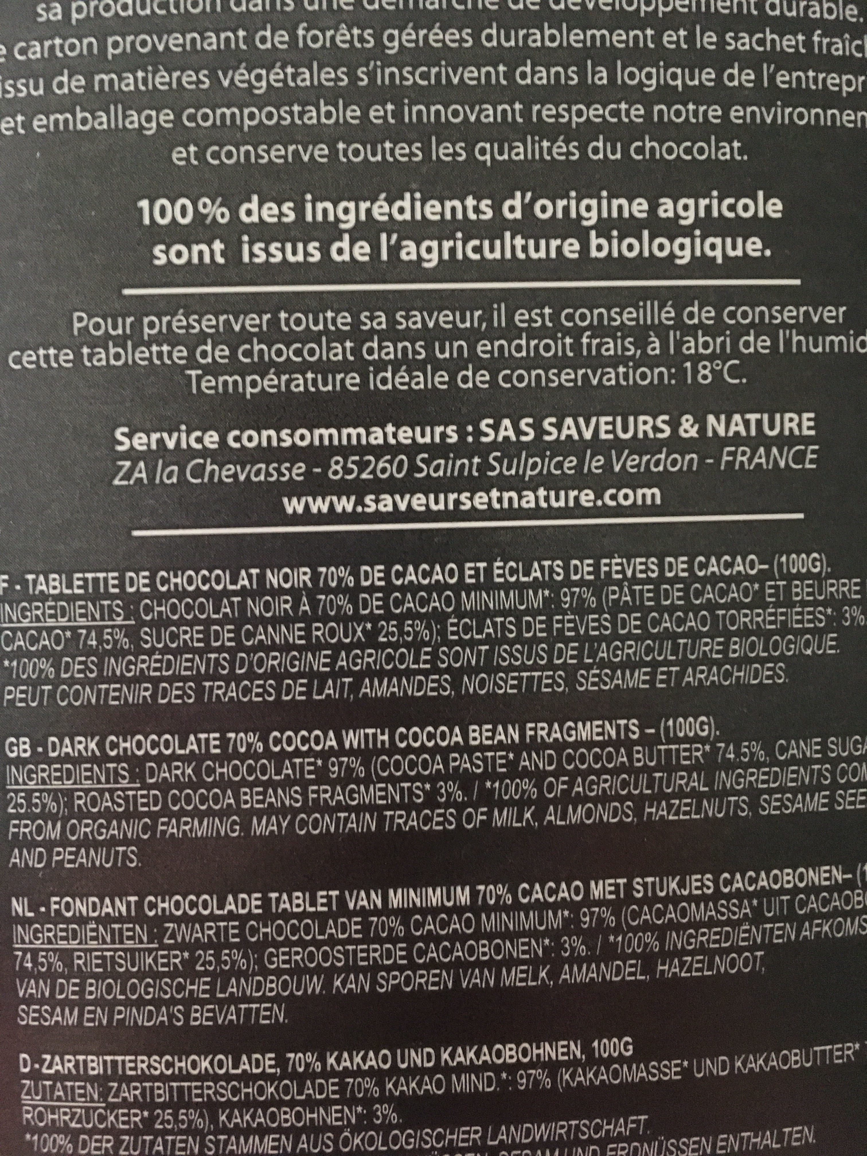 Saveurs Et Nature Chocolat Noir Et Feves De Cacao (100 GR) packshot
