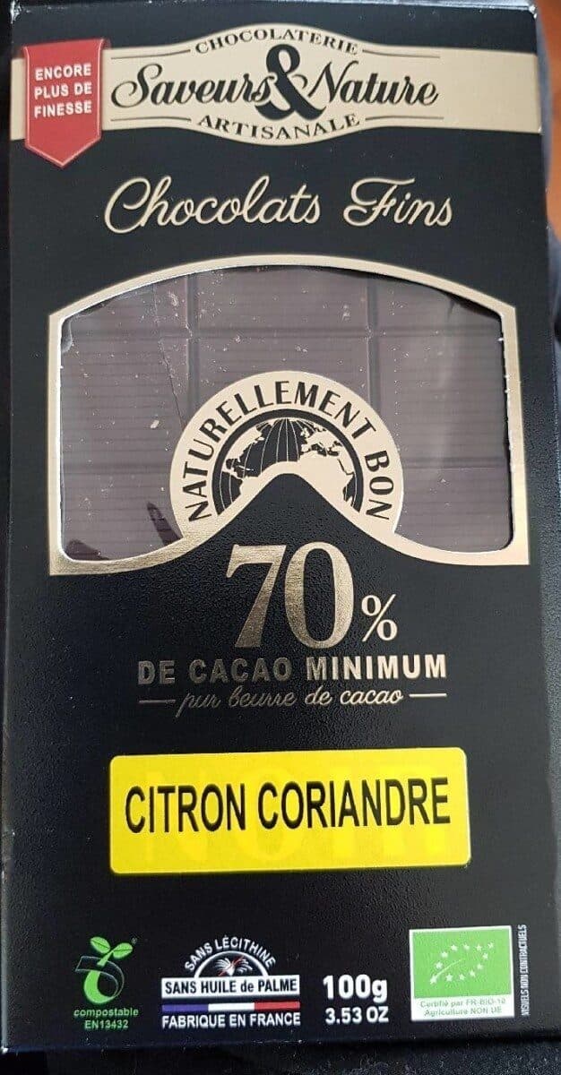 Saveurs & Nature Chocolat Noir Au Citron Et Coriandre (100 GR) packshot