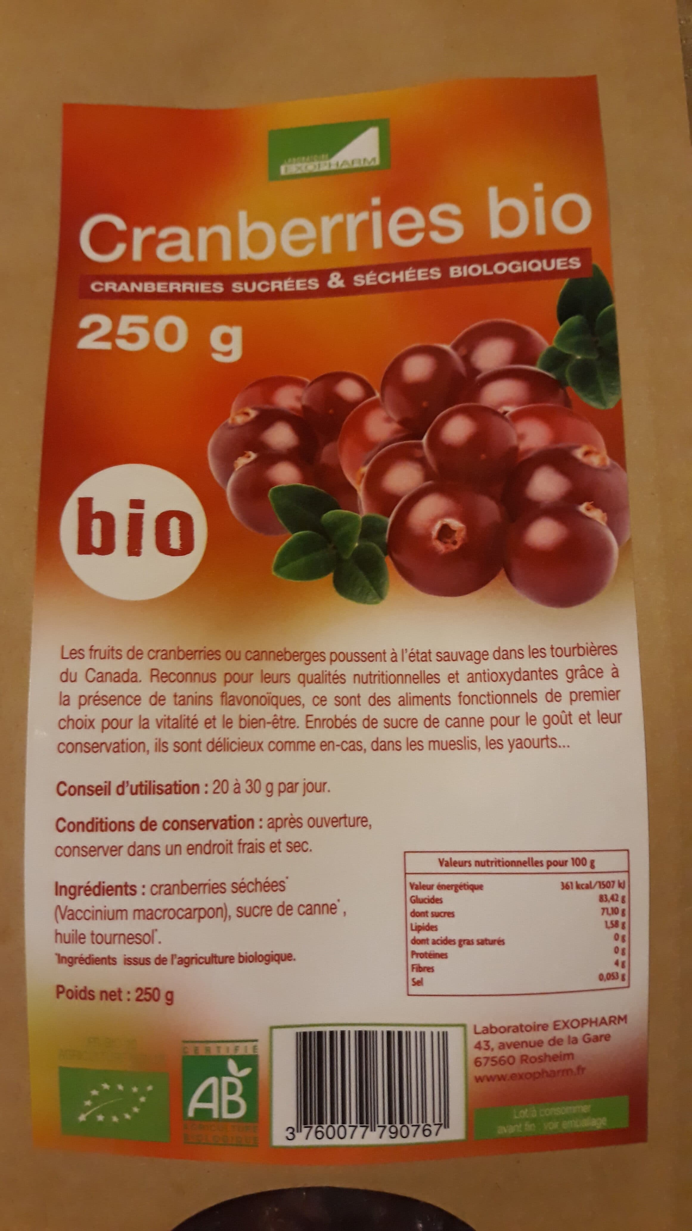 Exopharm Cranberries bio sucrées & séchées biologiques packshot