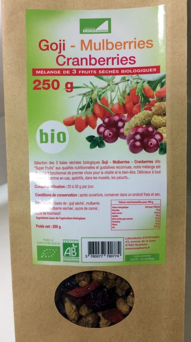 Exopharm Goji - Mulberries - Cranberries Mélange de 3 fruits séchés biologiques packshot