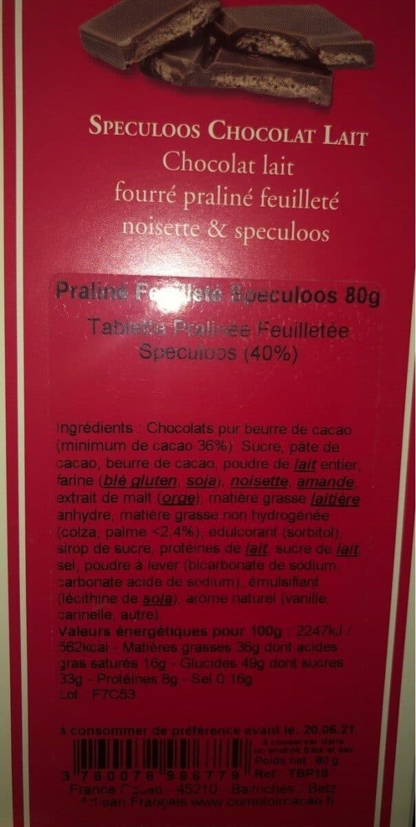 Comptoir du Cacao Spécule os chocolat lait fourré pralinée feuilletée packshot