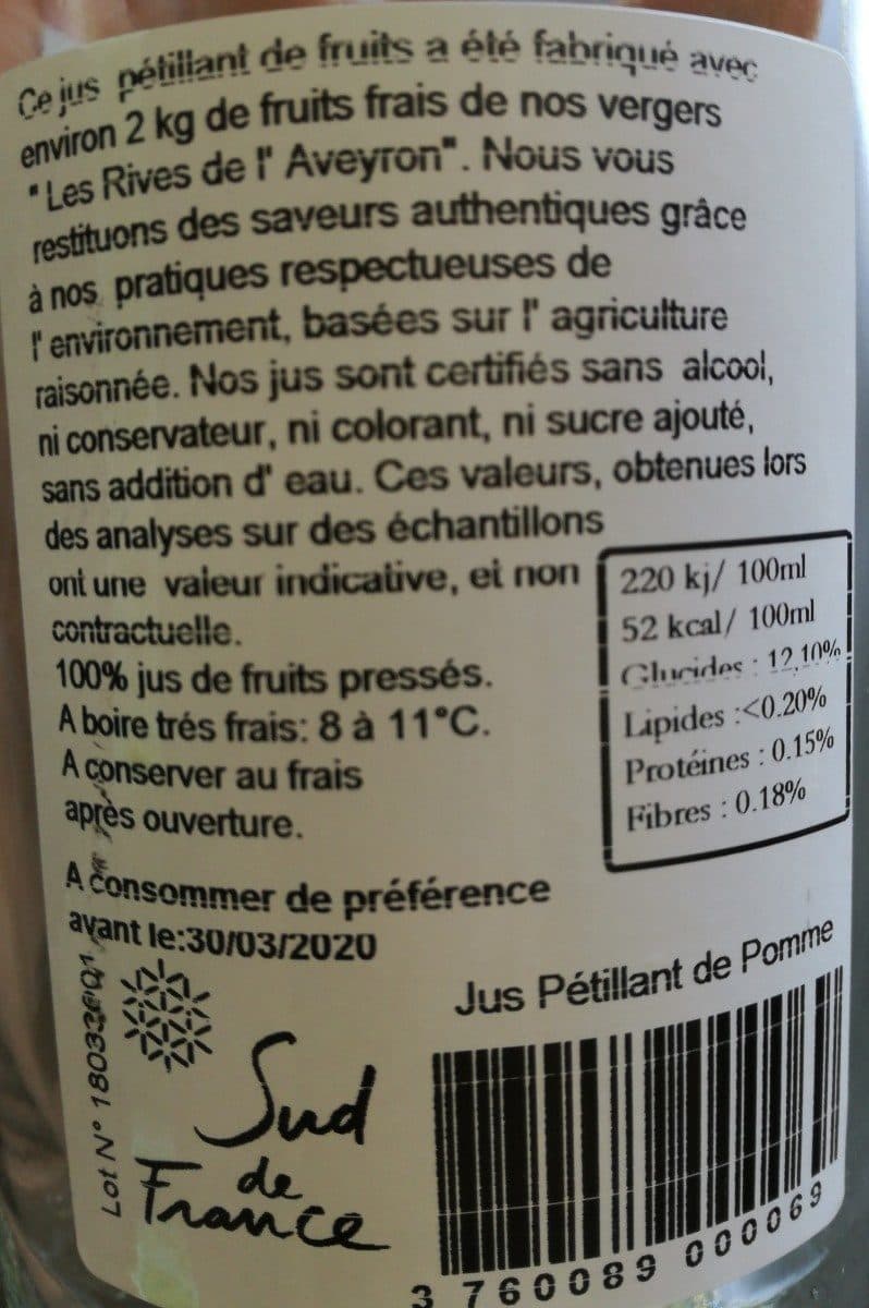 Open Food Facts Jus pétillant de pomme LES RIVES DE L'AVEYRON packshot