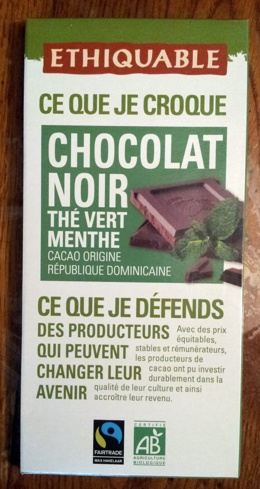 Ethiquable Chocolat noir thé vert menthe packshot