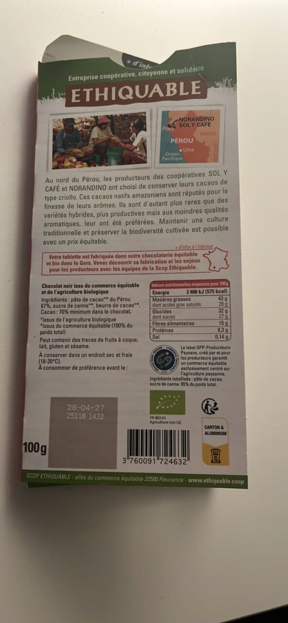ETHIQUABLE Pérou grand cru Amazonas 70% note de fruits rouges packshot