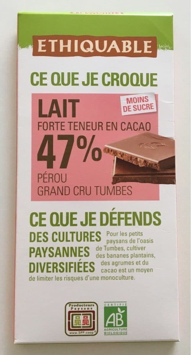 Ethiquable Chocolat Au Lait 47% Grand Cru Pérou Bio & équitable packshot