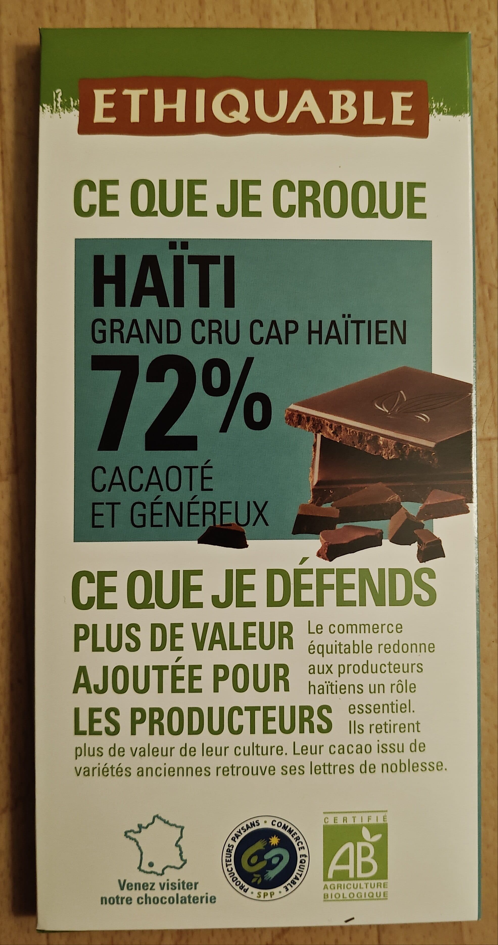 Éthiquable Haïti Grand cru Cap haïtien 72% cacaoté et fruité packshot