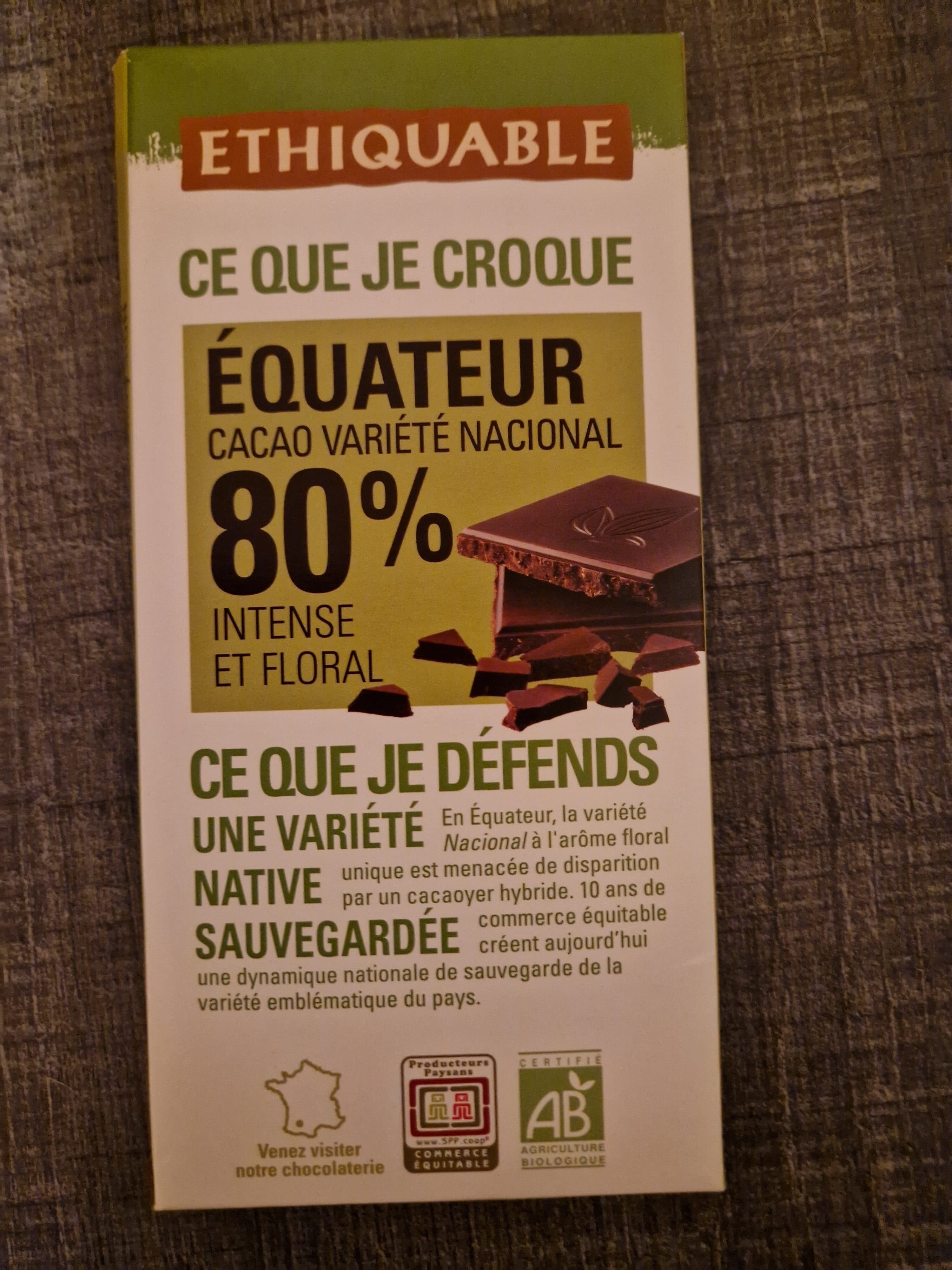 Ethiquable Chocolat noir 80% Équateur intense et floral packshot