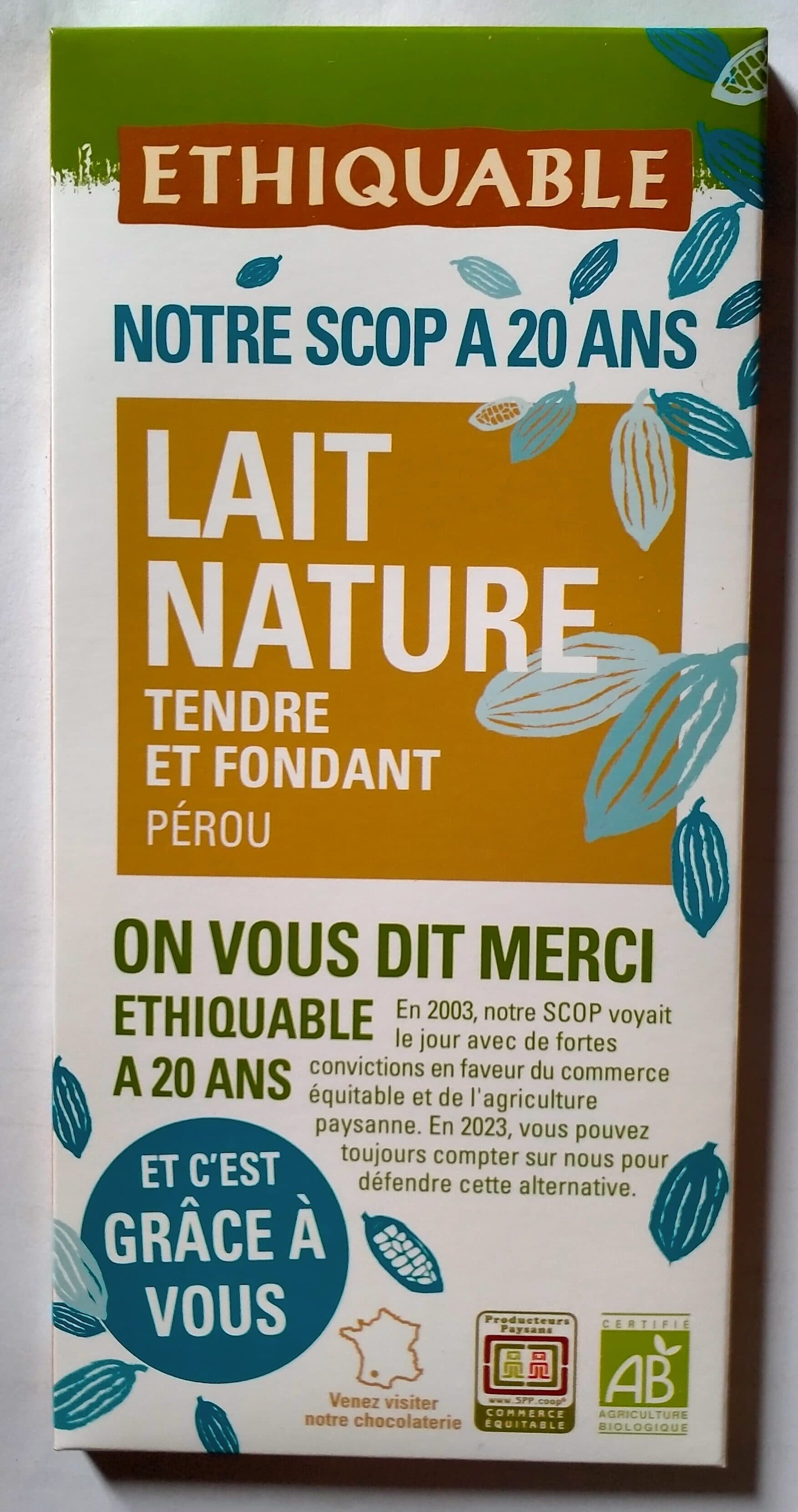 Ethiquable Chocolat lait nature tendre et fondant packshot