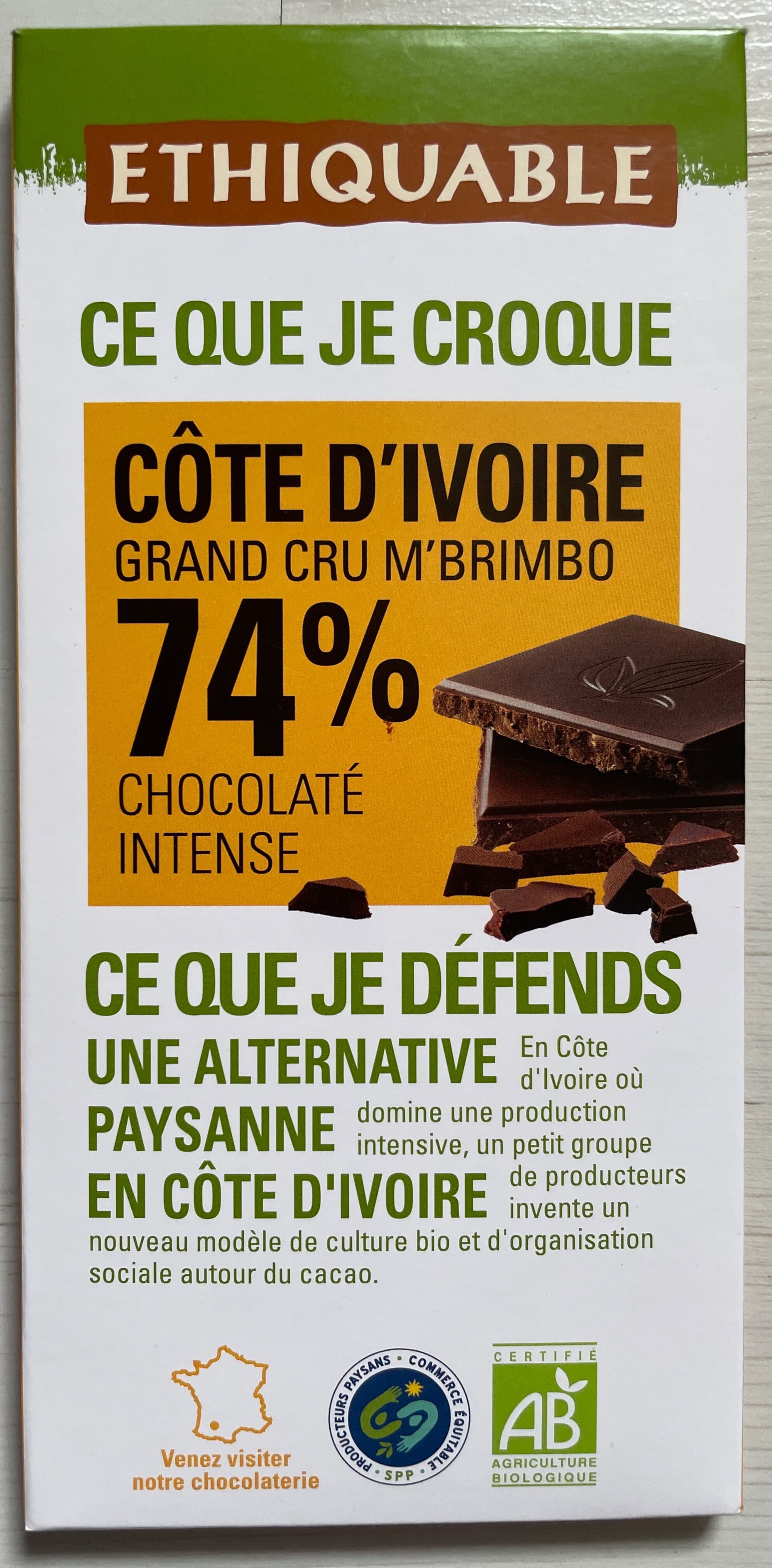 Ethiquable Chocolat noir 74% Côte d'Ivoire packshot