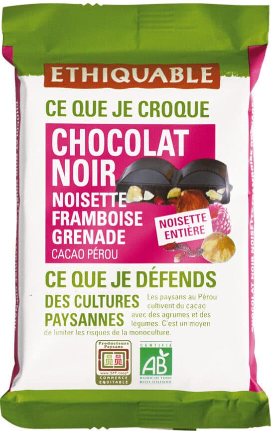 Ethiquable Chocolat noir 65% noisette entière, framboise et grenade packshot