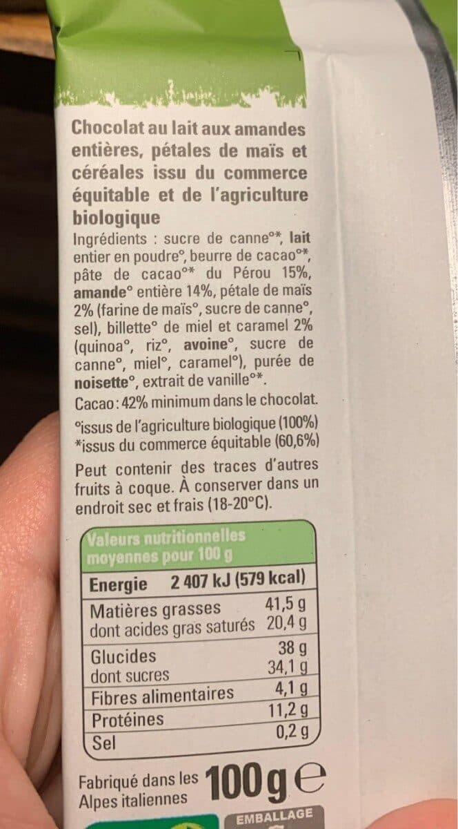 Ethiquable Chocolat lait 42% amande entière et pétale de céréales packshot