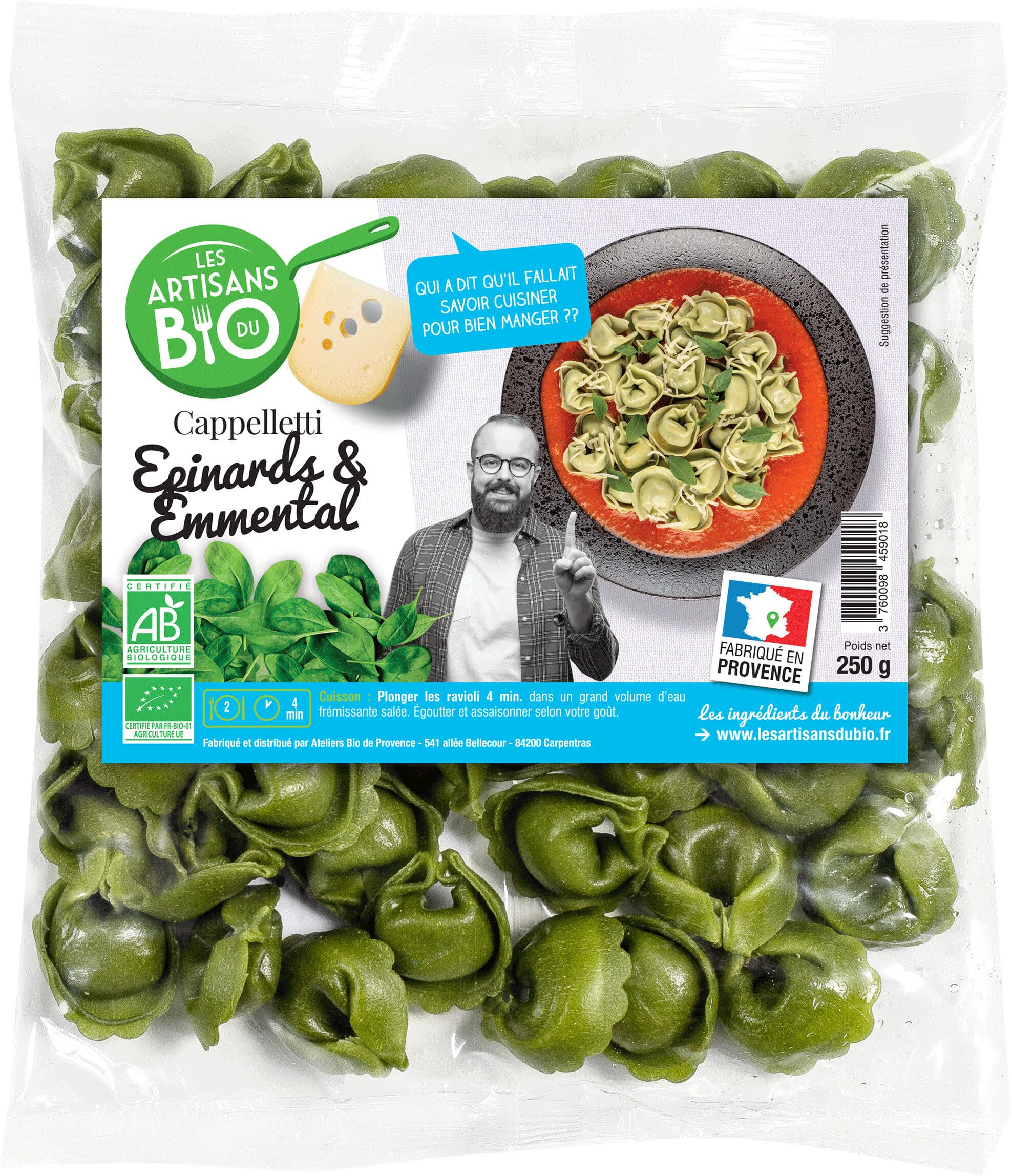 Les artisans du bio Cappelletti frais aux épinards & emmental BIO 250g packshot