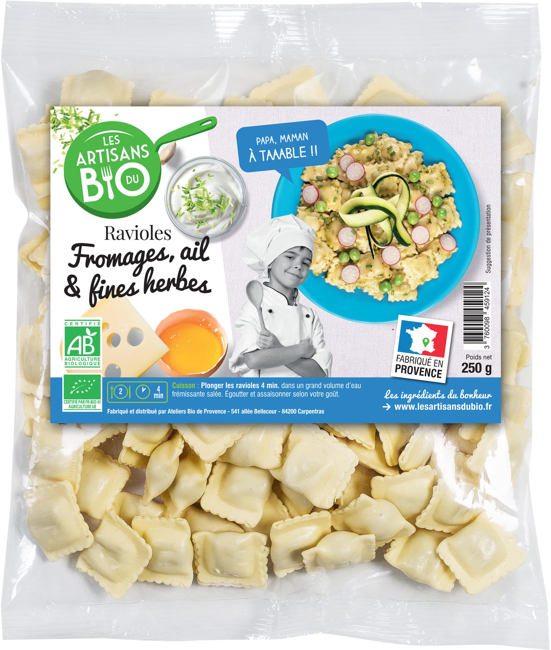 Les artisans du bio Ravioles fromages, ail & fines herbes BIO 250g packshot