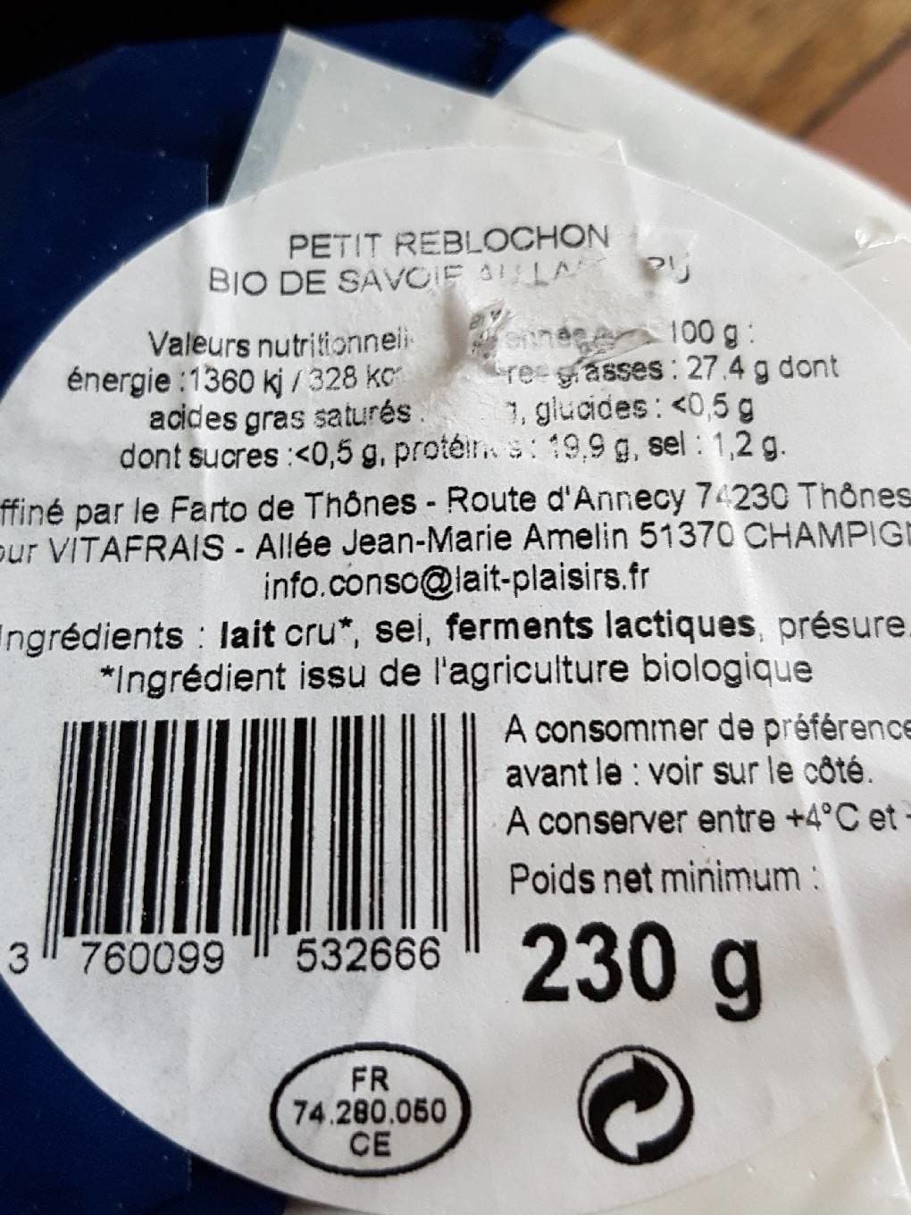 Lait plaisirs Petit Reblochon bio de Savoie au lait cru packshot