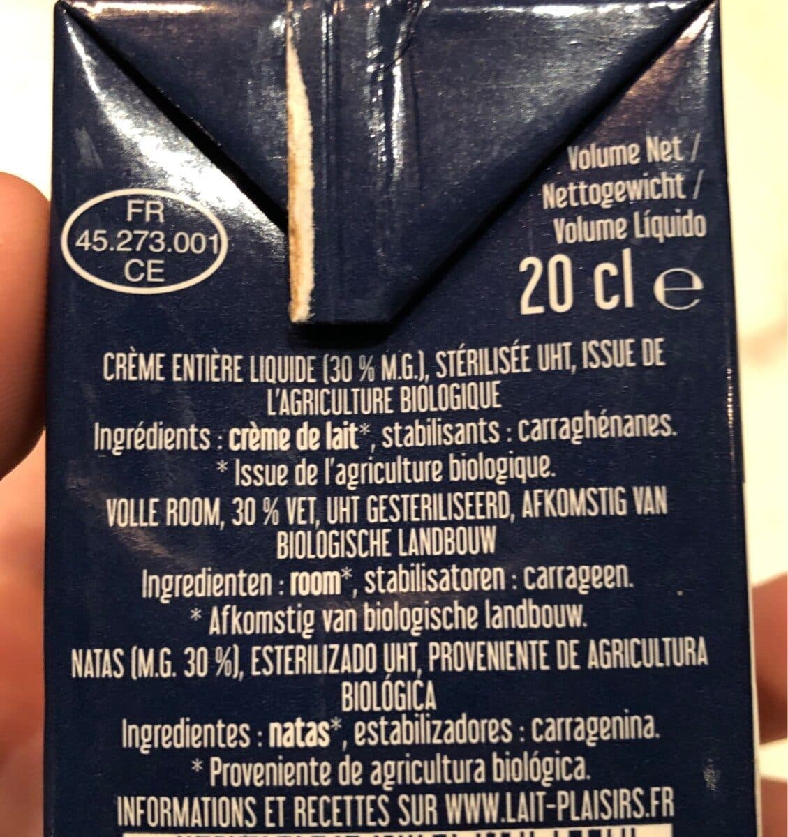 Lait plaisirs Creme Liquide bio Entiere 30% packshot