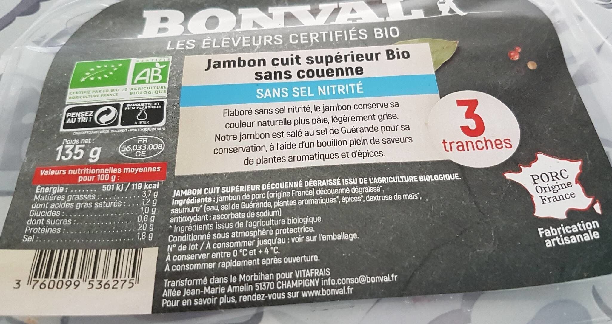 BONVAL Jambon cuit supérieur Bio sans couenne packshot