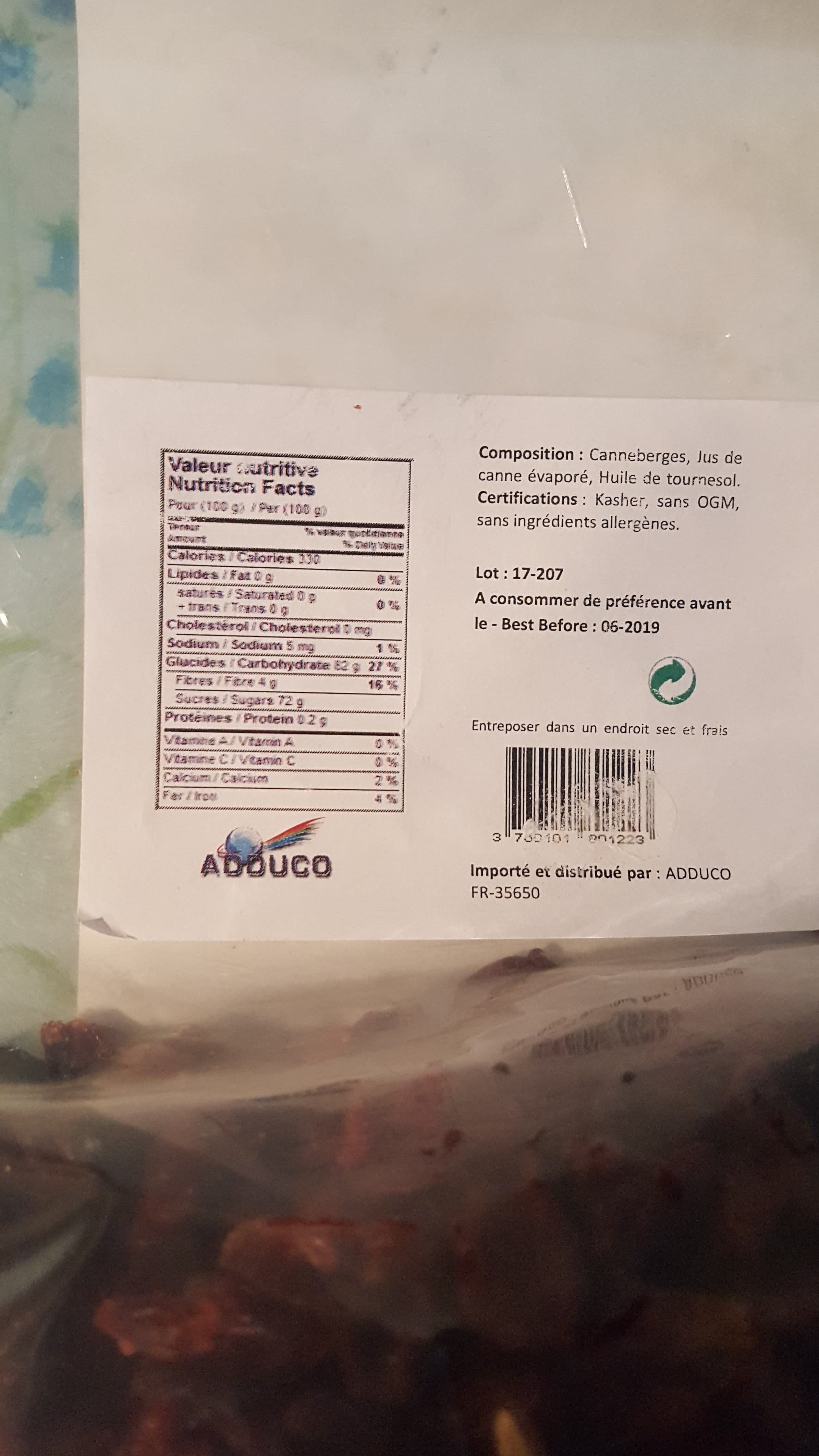 Importation CANADA par ADDUCO Canneberges Séchées Sucrées packshot