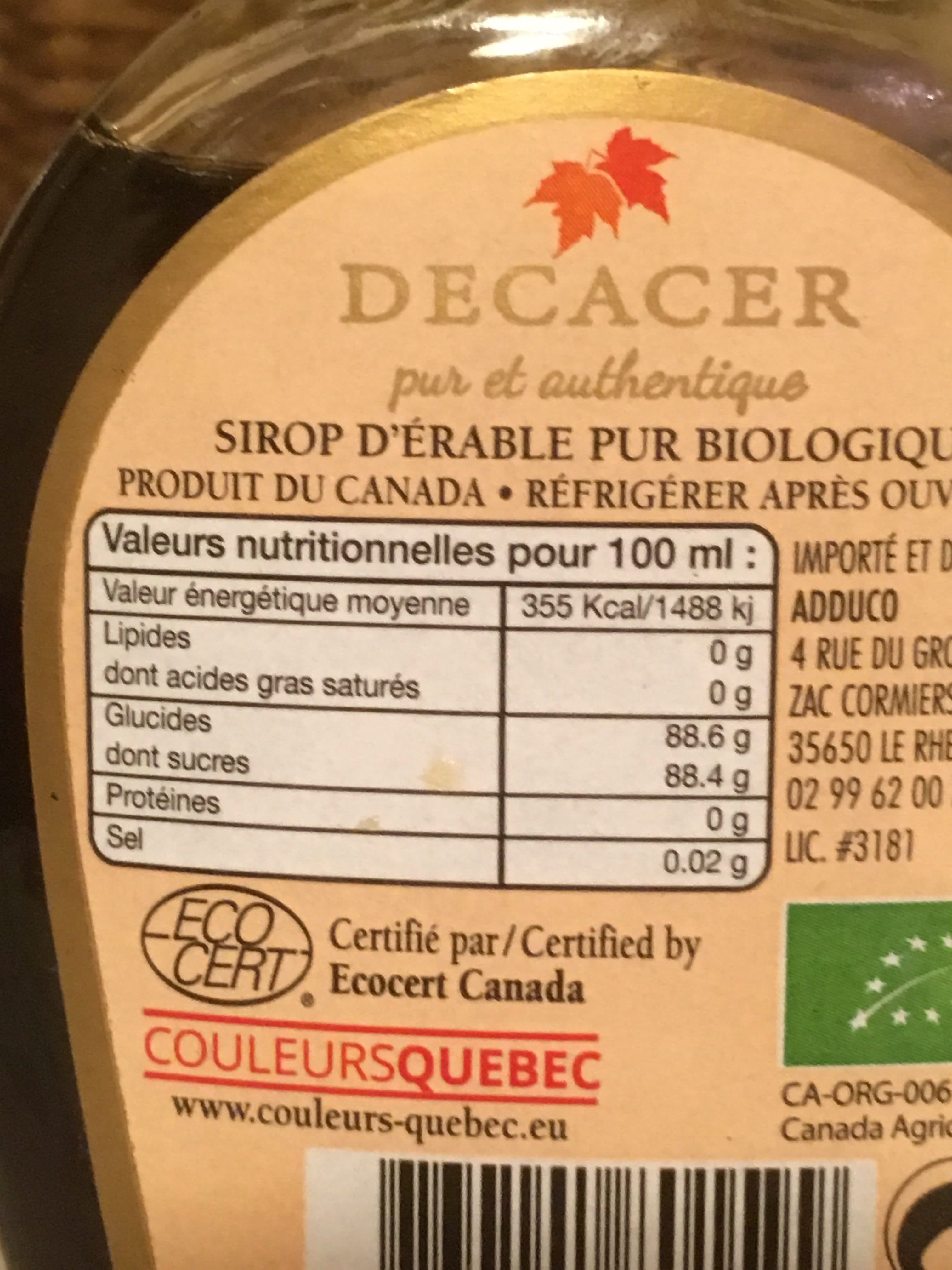 Decacer Sirop d’érable packshot