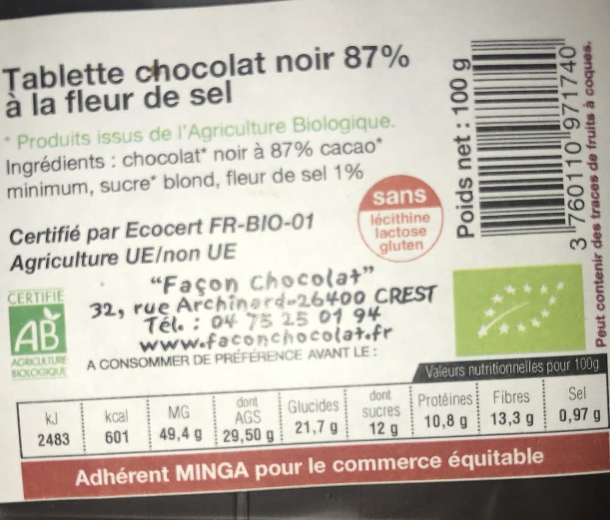 Facon Chocolat Tablette chocolat noir 87% packshot