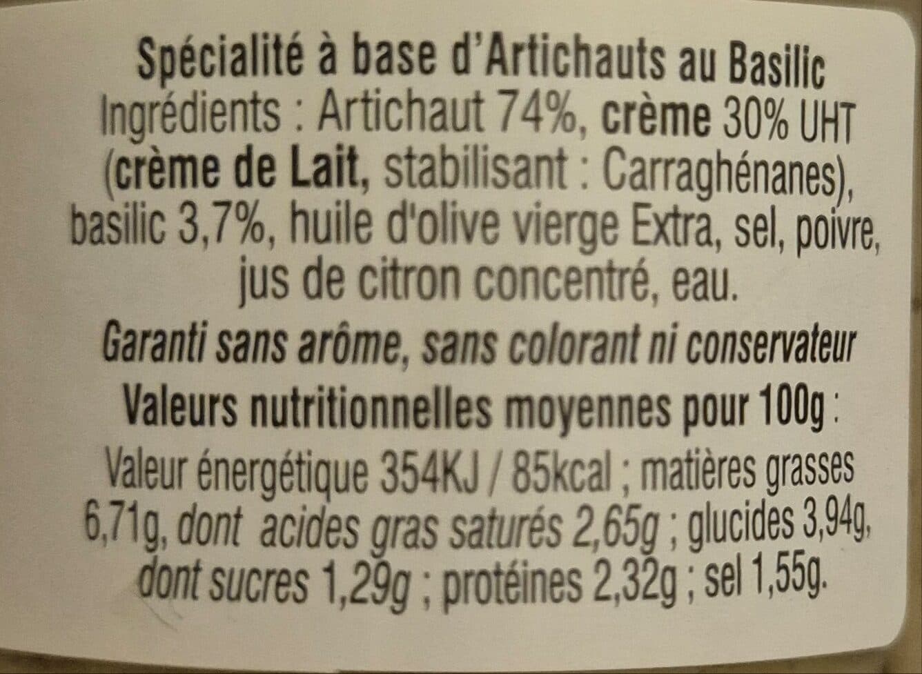Open Food Facts Artichaut au basilic packshot
