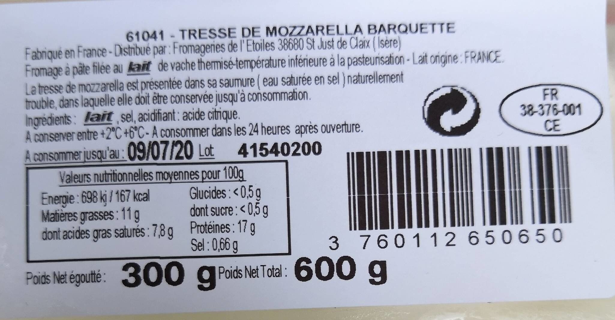Open Food Facts Mozzarella tressee au lait cru de vache ETOILE DU SUD, 12%MG packshot