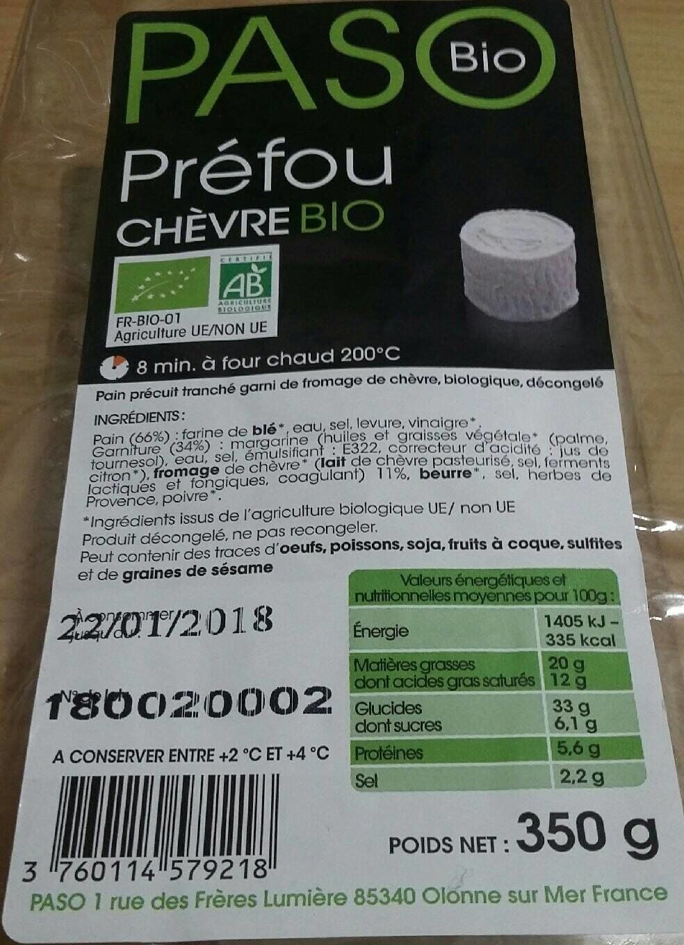 Pasobio Préfou bio chèvre Paso Traiteur packshot