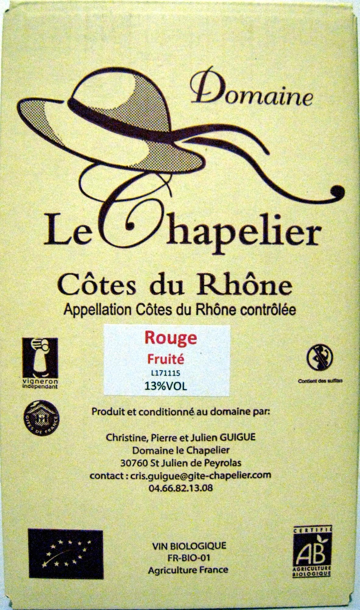 Domaine Le Chapelier Côtes du Rhône AOC Rouge Fruité packshot