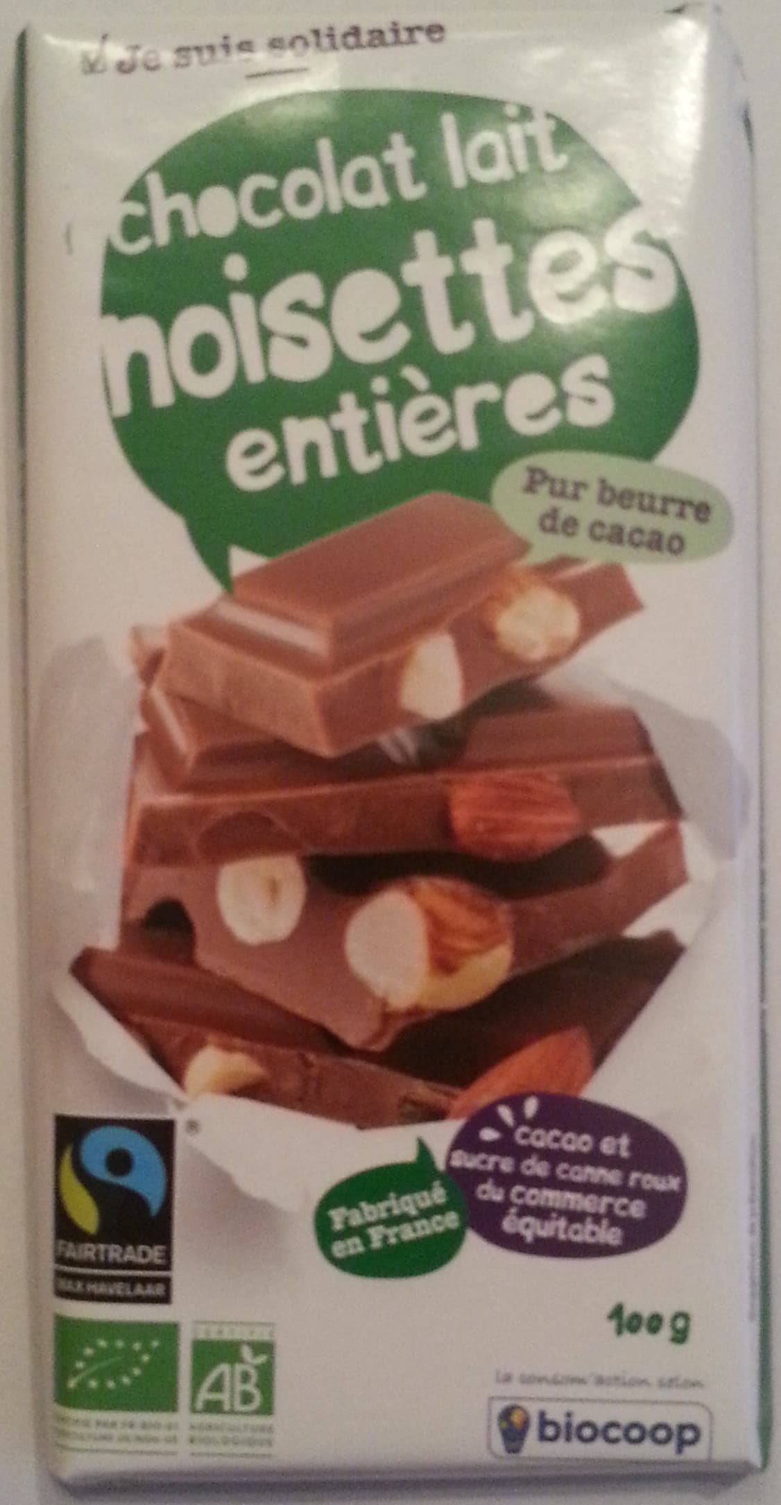 Biocoop Chocolat Lait Noisettes Entières packshot