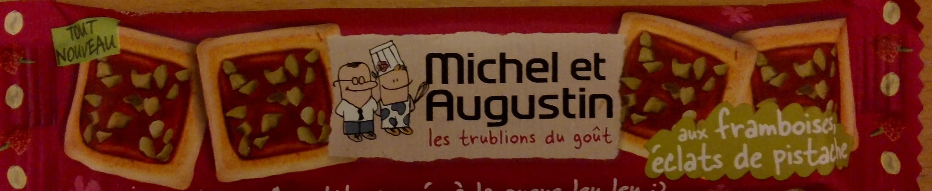 Michel et Augustin 4 petits carrés à la queue leu leu ;-) aux framboises, éclats de pistache packshot