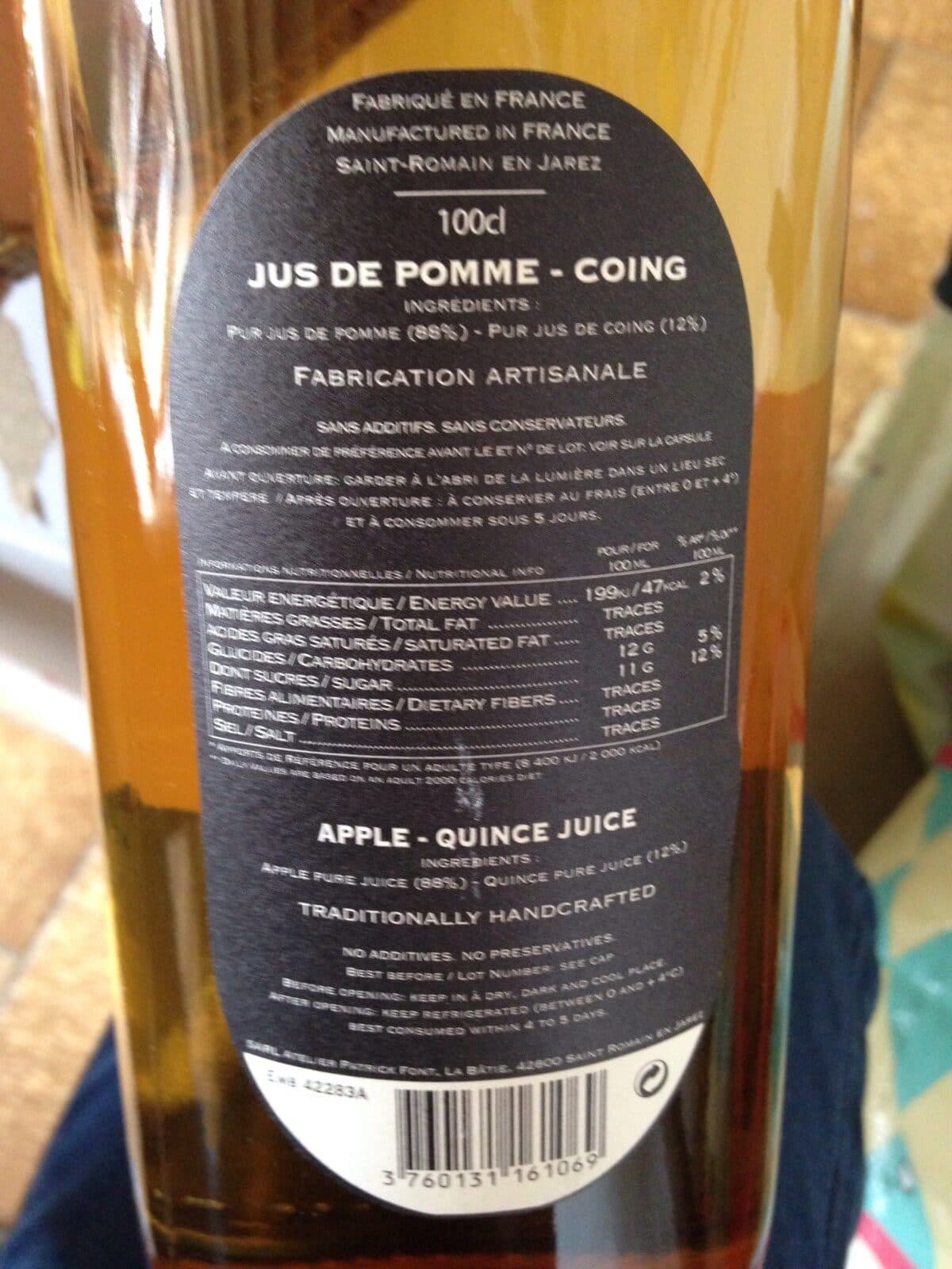 Emile Vergeois Pur jus pomme coing PATRICK FONT, bouteille de packshot