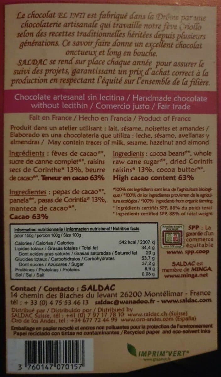 Saldac Chocolate Pasas 63% El Oro De Los Andes packshot