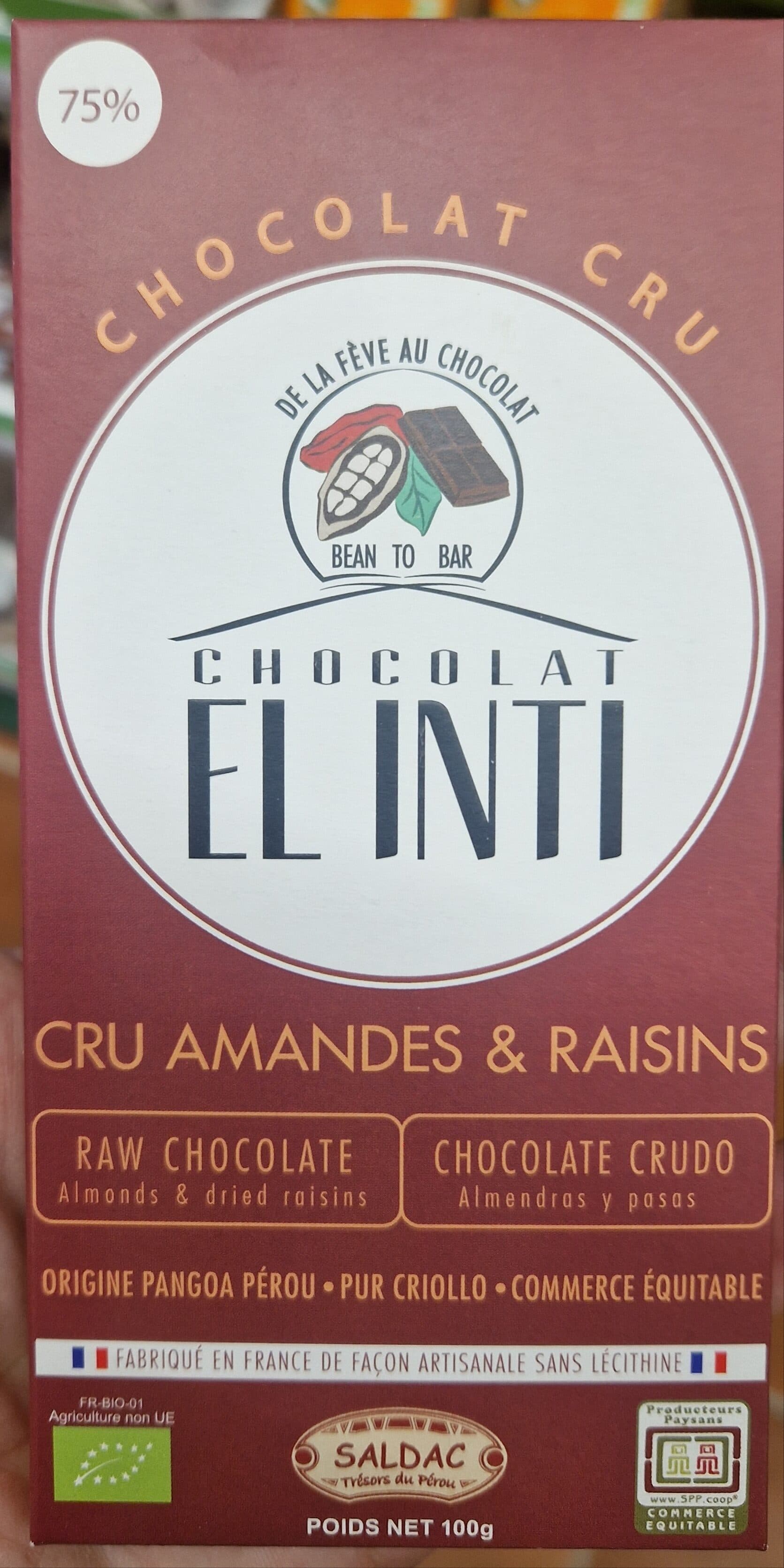 Salsac / EL INTI Chocolat cru 75% aux amandes & raisins secs packshot