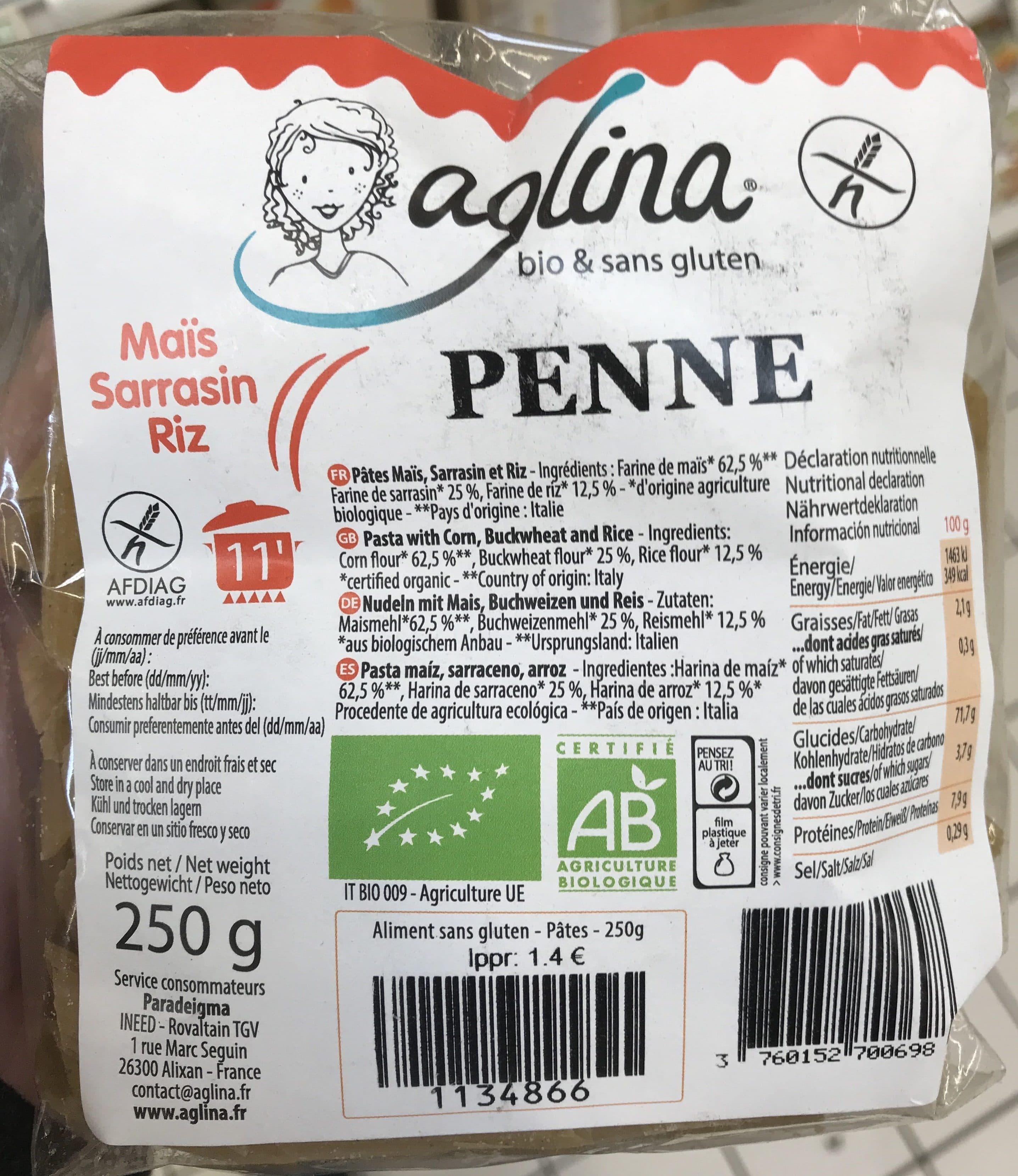 Aglina Penne - Pâtes Maïs, Sarrasin et Riz packshot