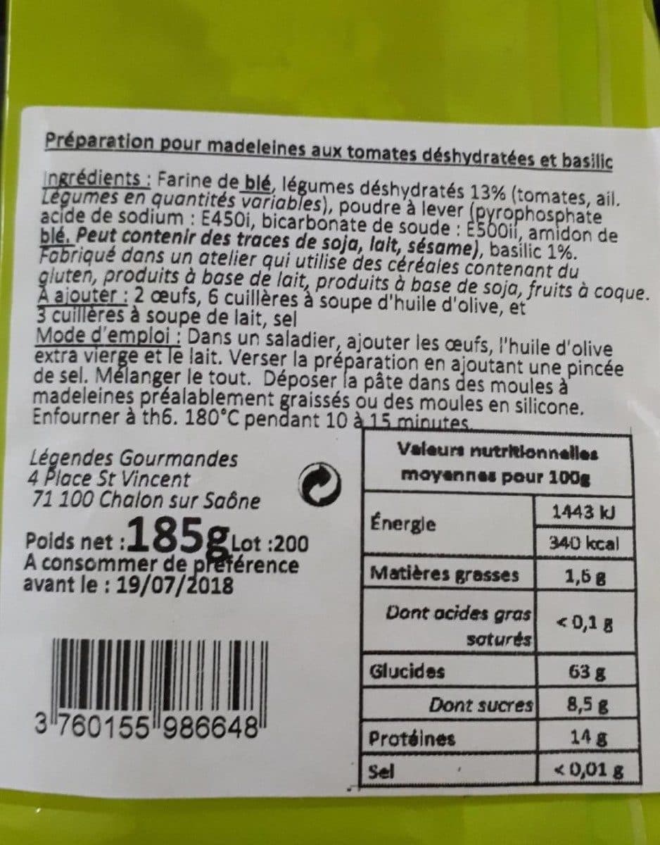Légendes Gourmandes préparation pour madeleines tomates basilic packshot