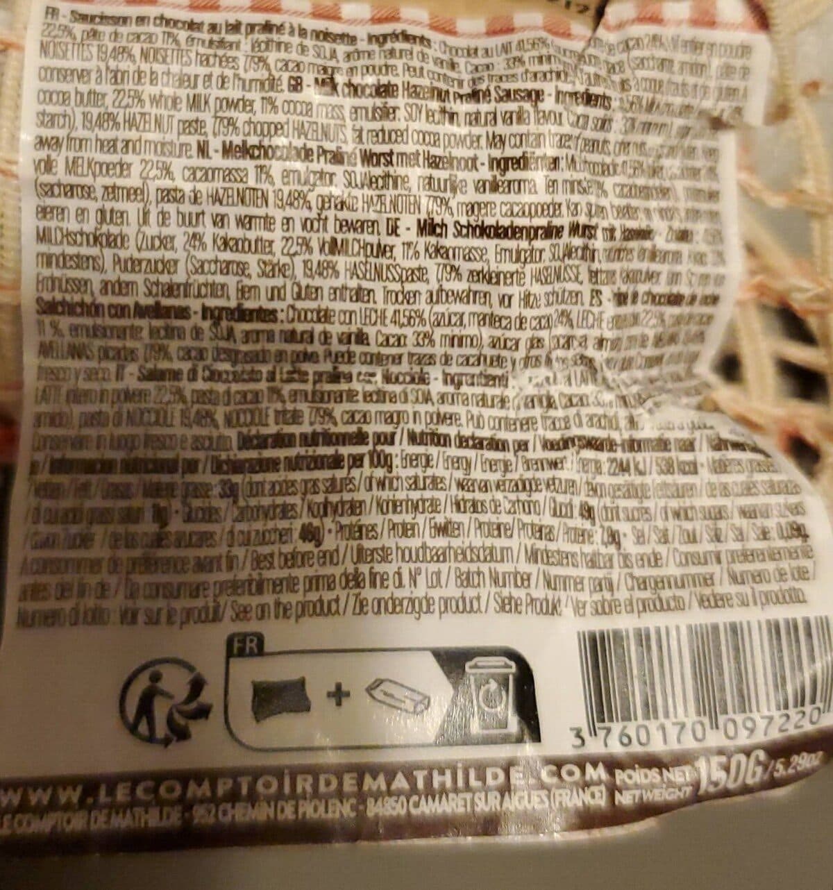 Le Comptoir de Mathilde Saucisson Chocolat au lait praliné noisette packshot