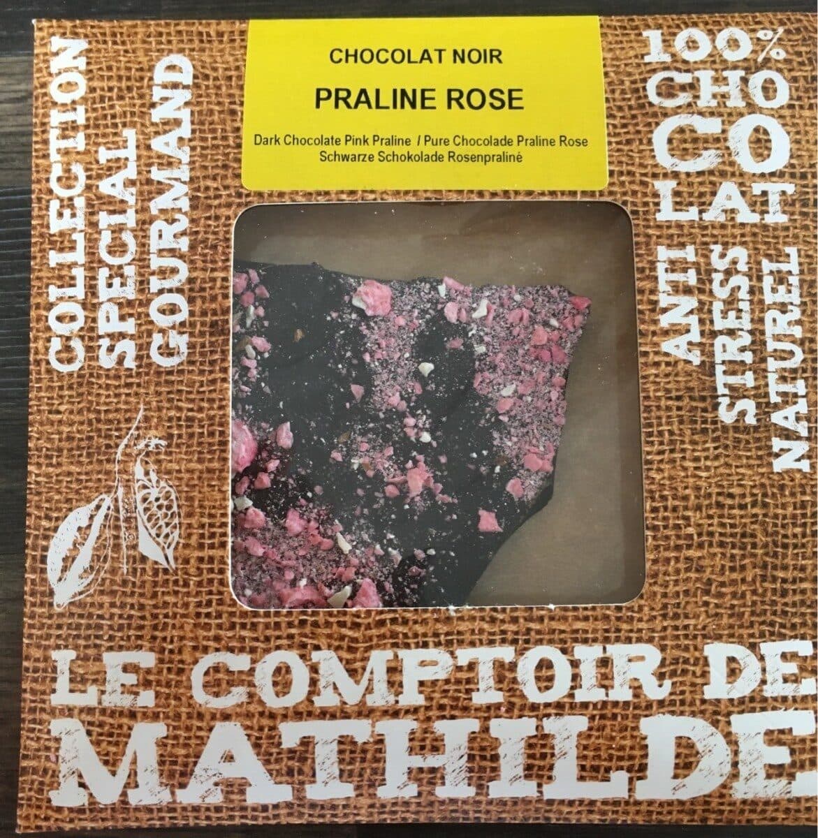 Le Comptoir de Mathilde Chocolat noir praline rose packshot