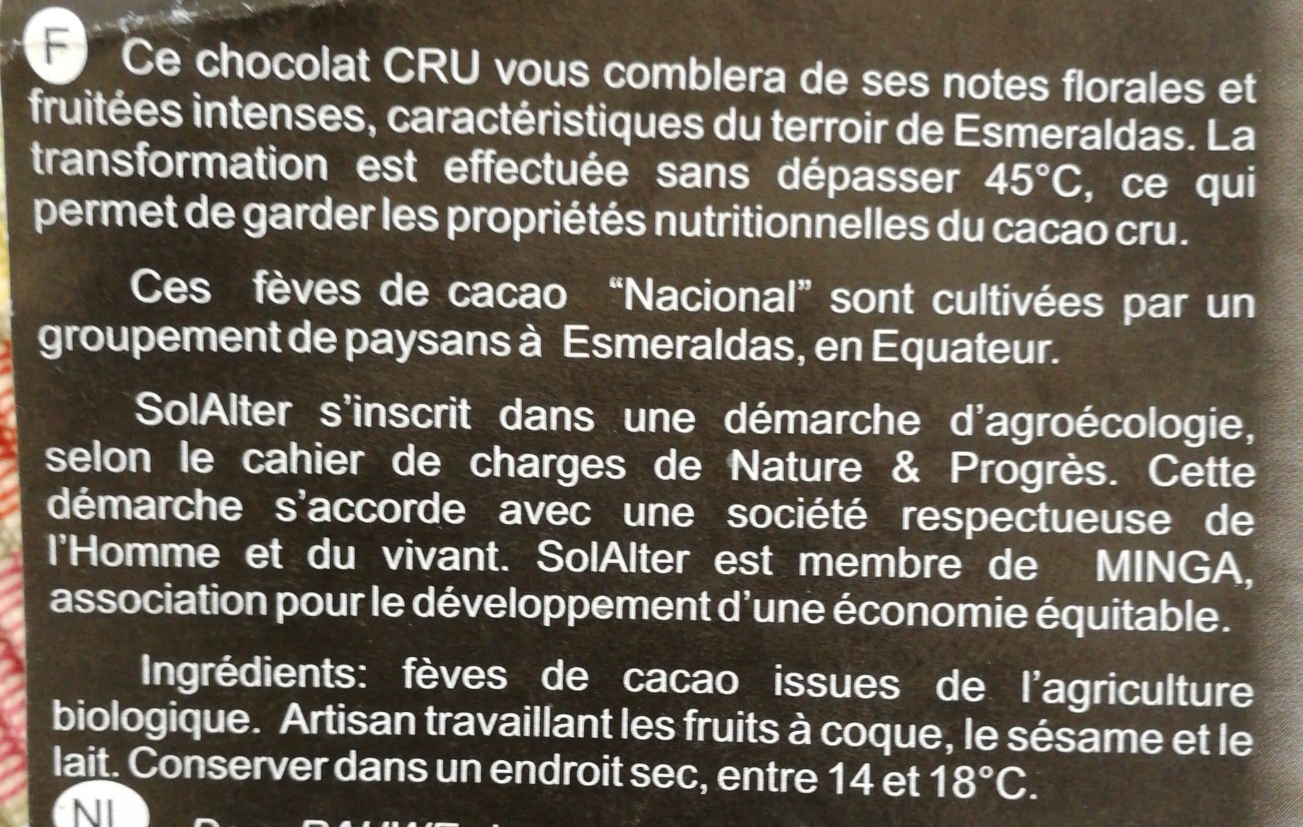Sol Alter Chocolat 100% Cacao Cru (90 GR) packshot