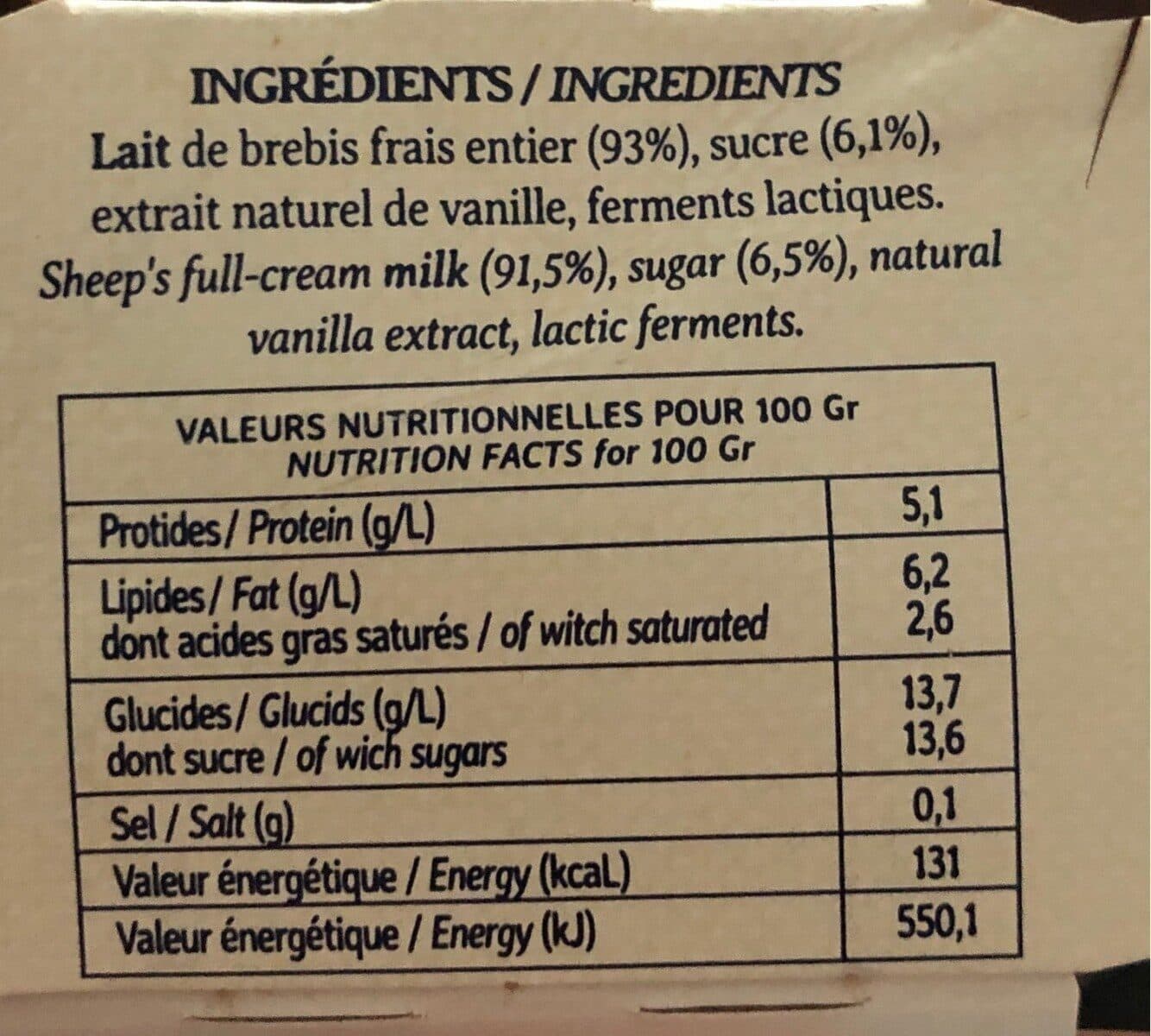 Ekia Yaourt artisanal brebis vanille packshot