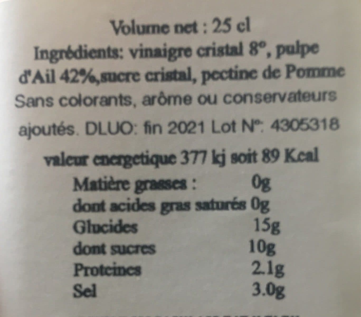 Open Food Facts Vinaigre à la pulpe d'Ail packshot