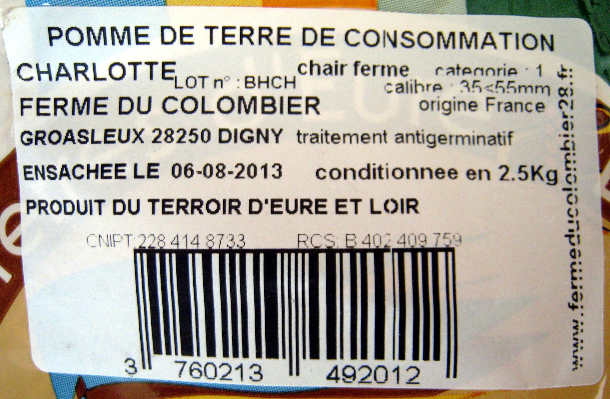 La Ferme du Colombier Pomme de terre Charlotte Cat 1 Cal 35-55 La Ferme du Colombier packshot