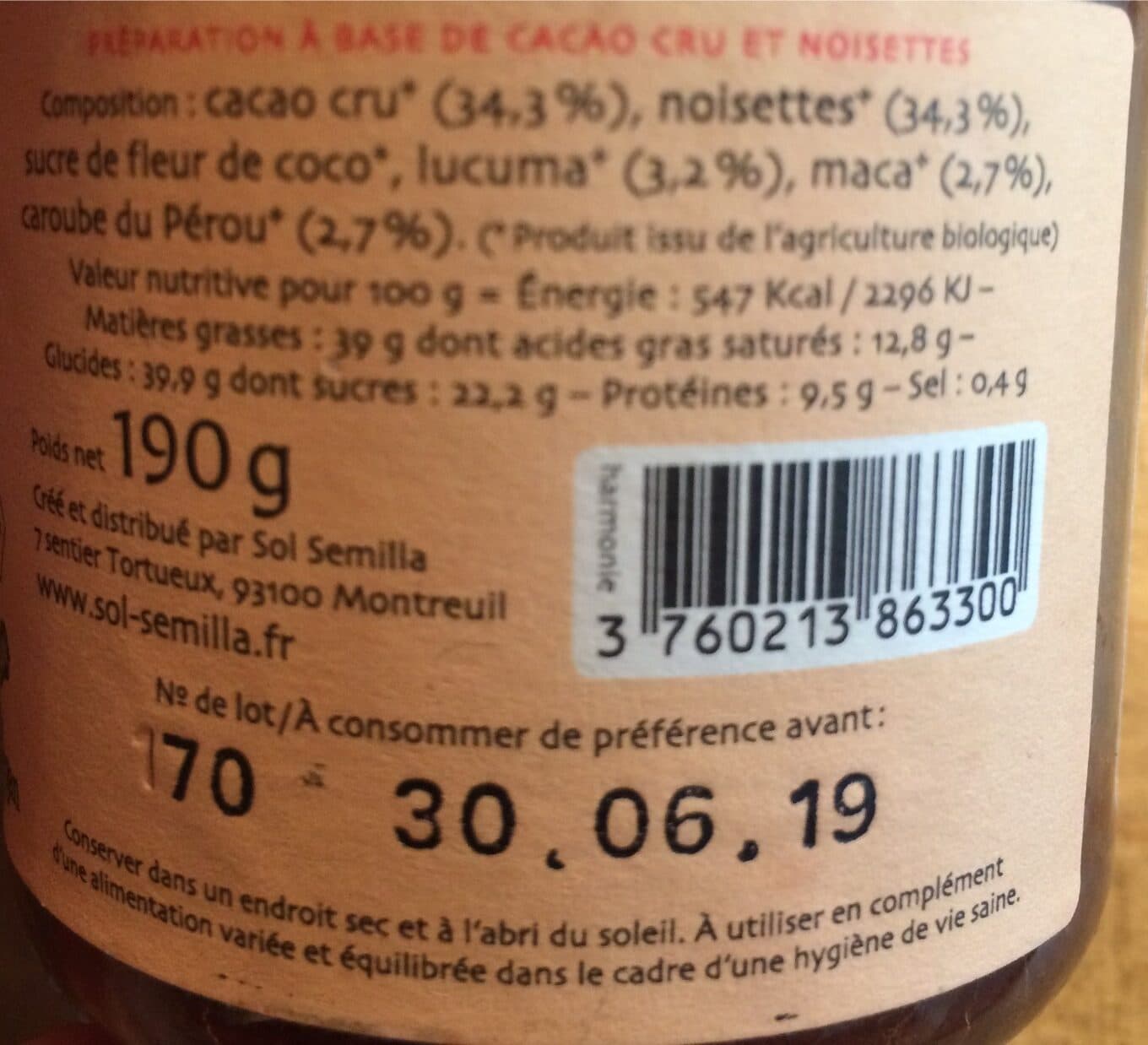 Sol Semilla Délice De Cacao Cru Bio Lucuma Maca Caroube 190G Sol Semilla packshot