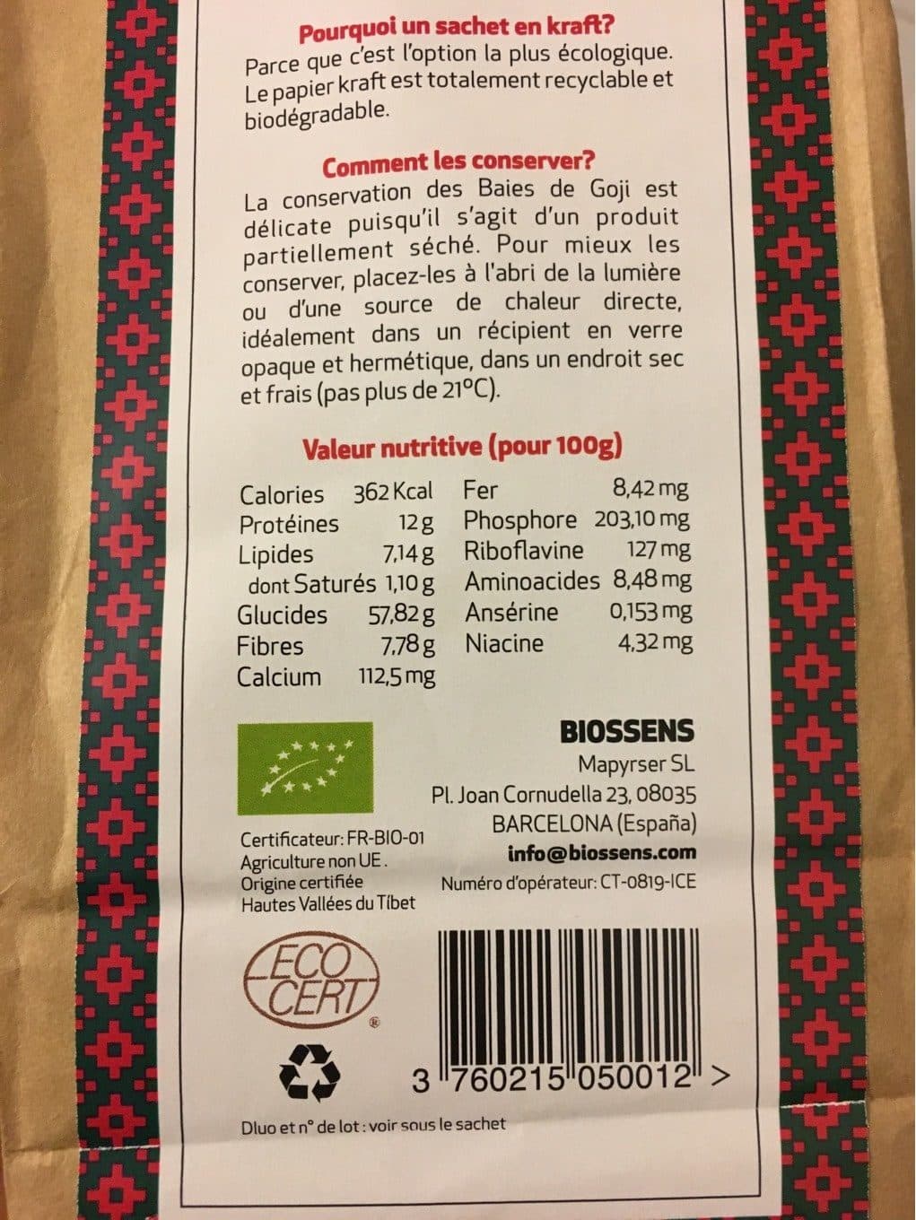 Biossens Baies Séchées De Goji Du Tibet Bio 250g packshot