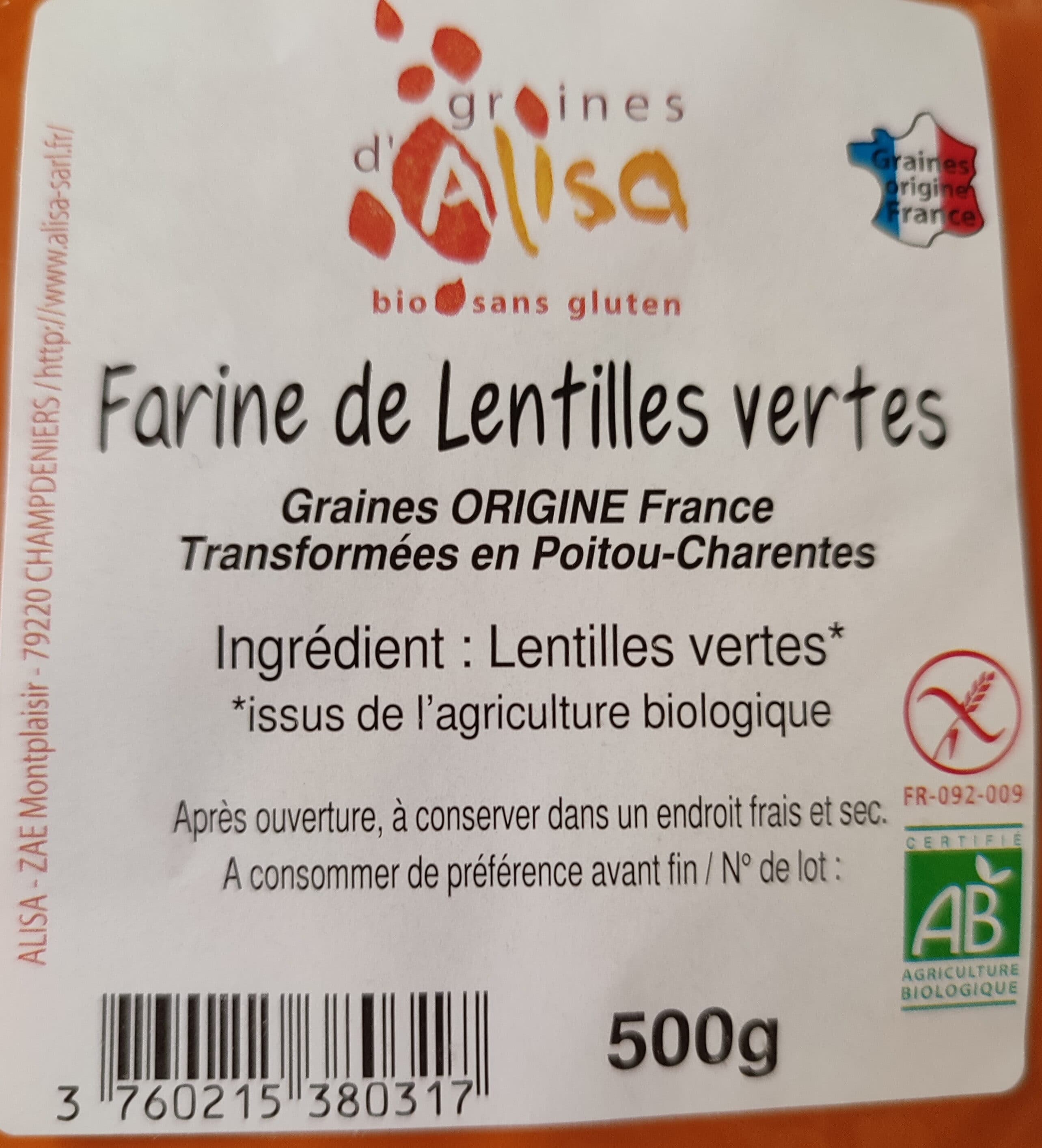 Graines d'Alisa Farine de lentilles vertes packshot