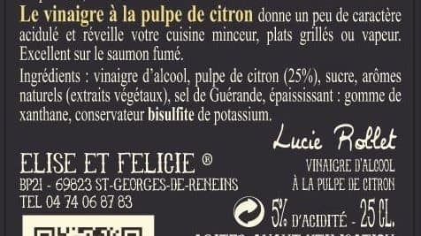 Elise et Félicie Vinaigre à la pulpe de citron packshot